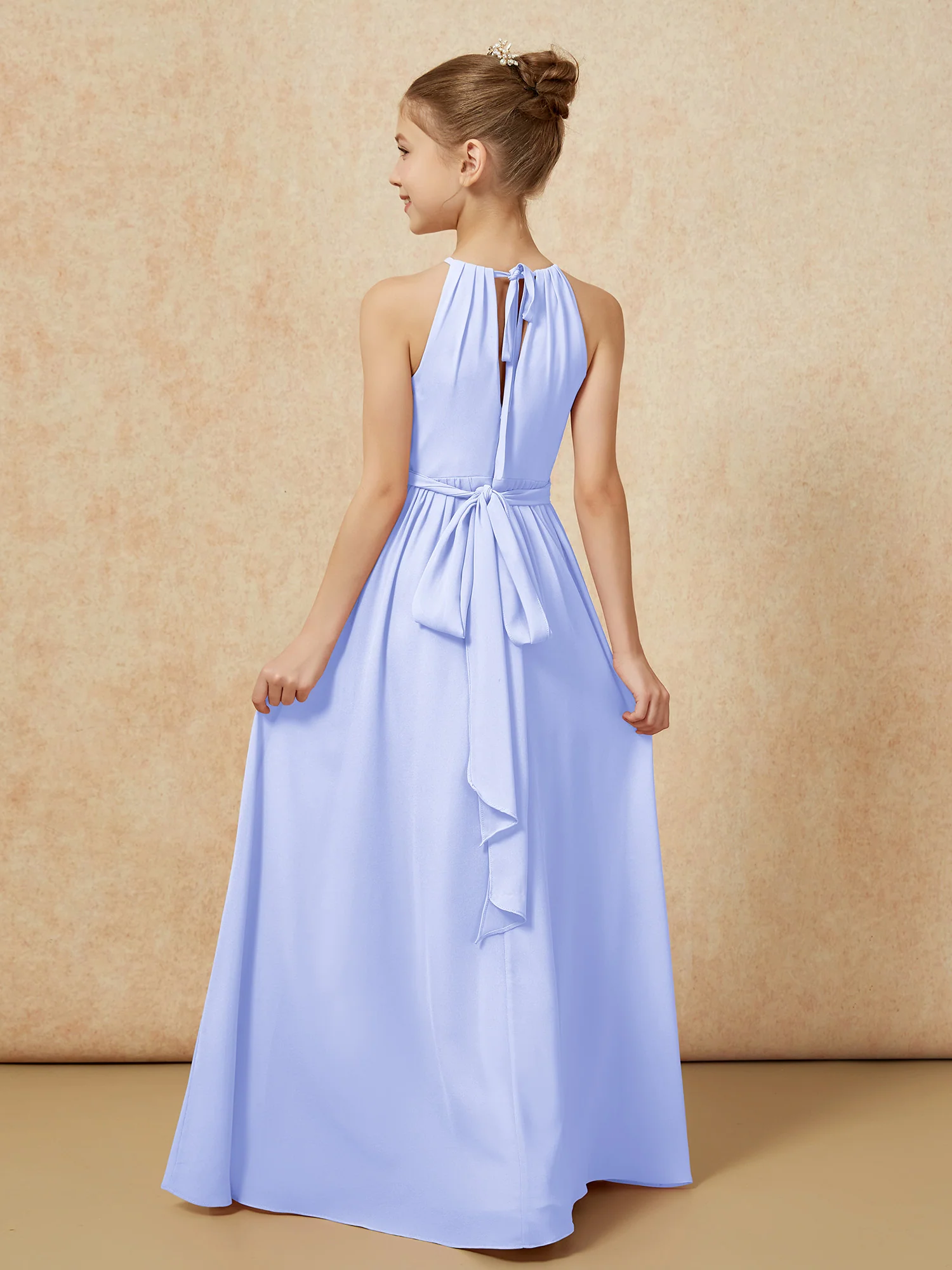 Sleeveless Pleated Long Chiffon Junior Bridesmaid Dress Lavender - Image 2