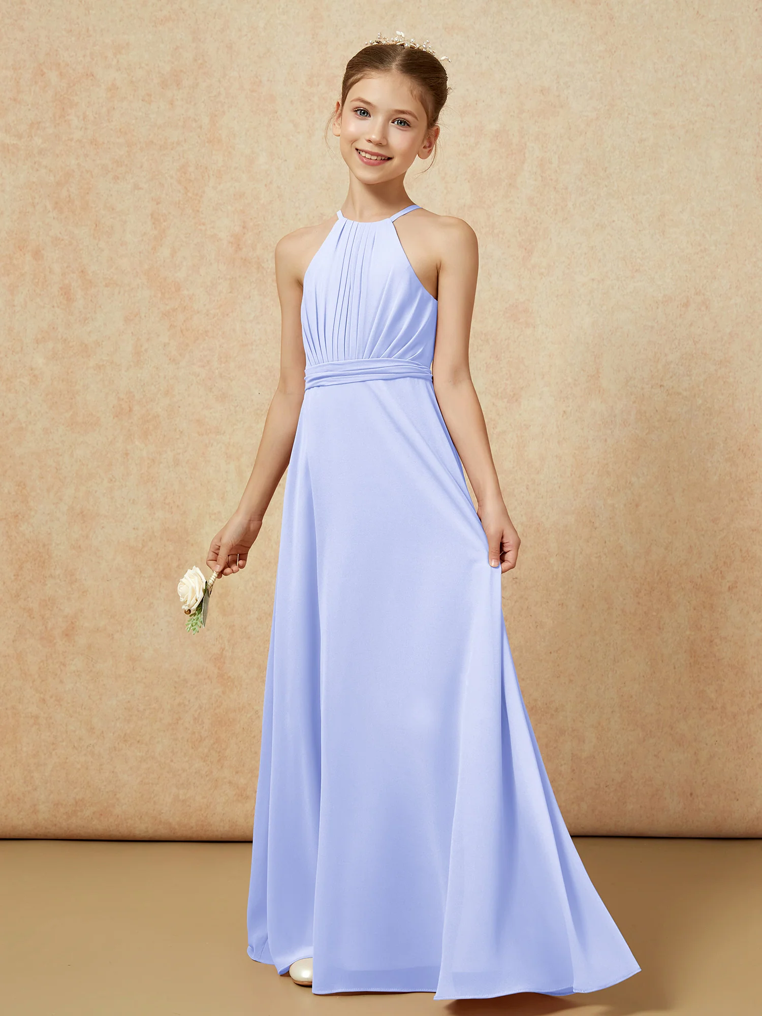 Sleeveless Pleated Long Chiffon Junior Bridesmaid Dress Lavender - Image 3