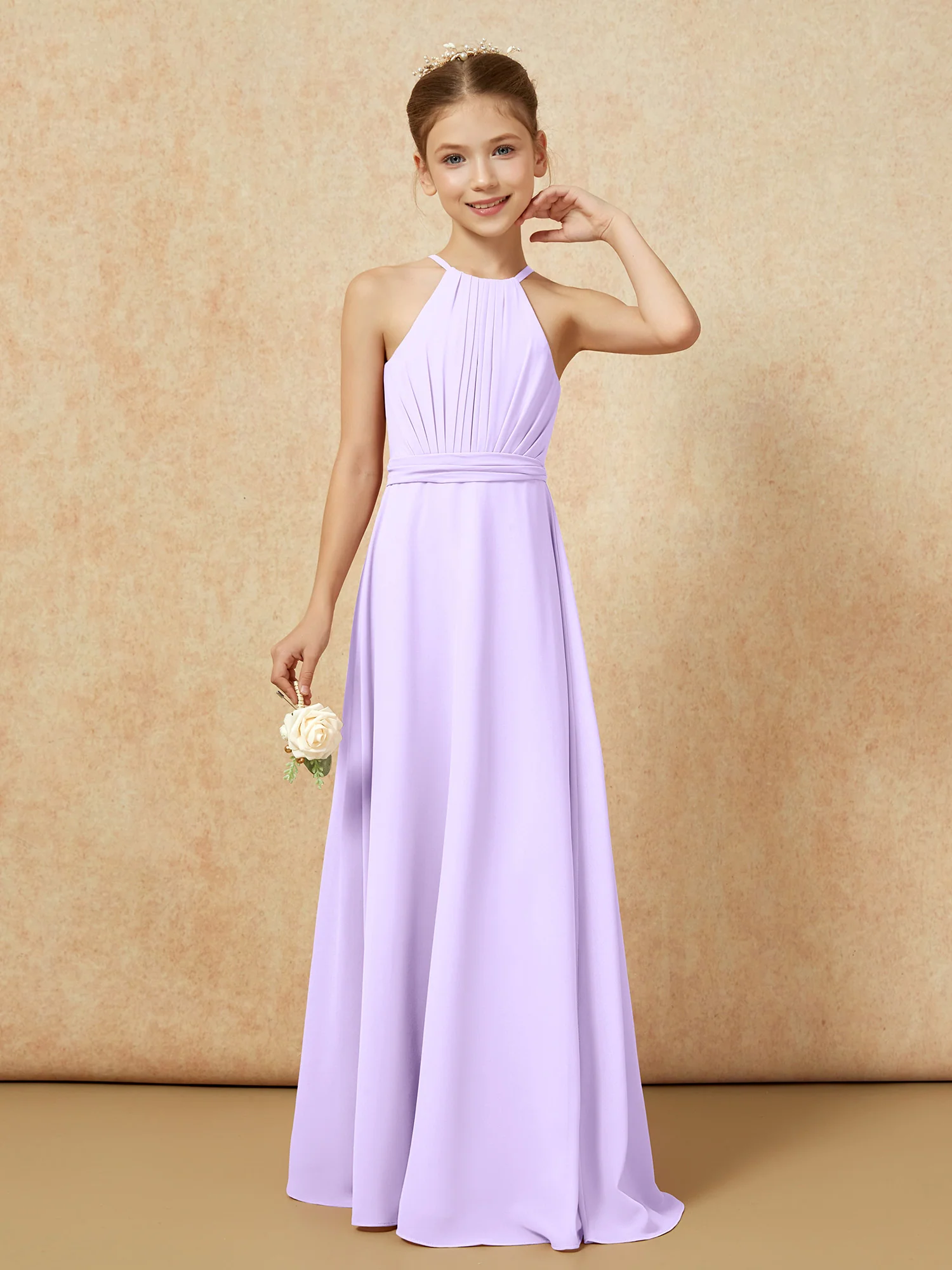 Sleeveless Pleated Long Chiffon Junior Bridesmaid Dress Lilac - Image 5
