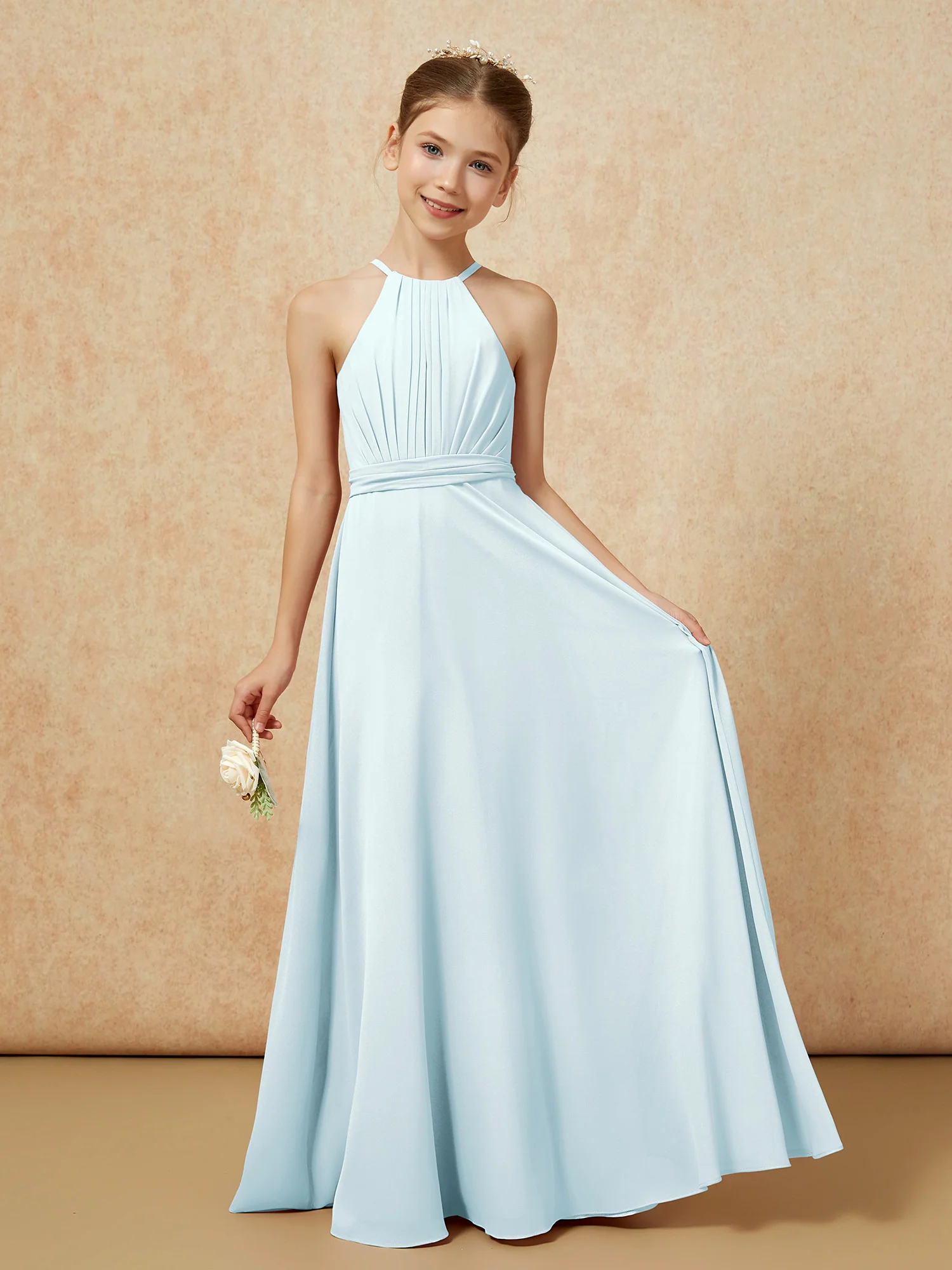 Sleeveless Pleated Long Chiffon Junior Bridesmaid Dress Mist