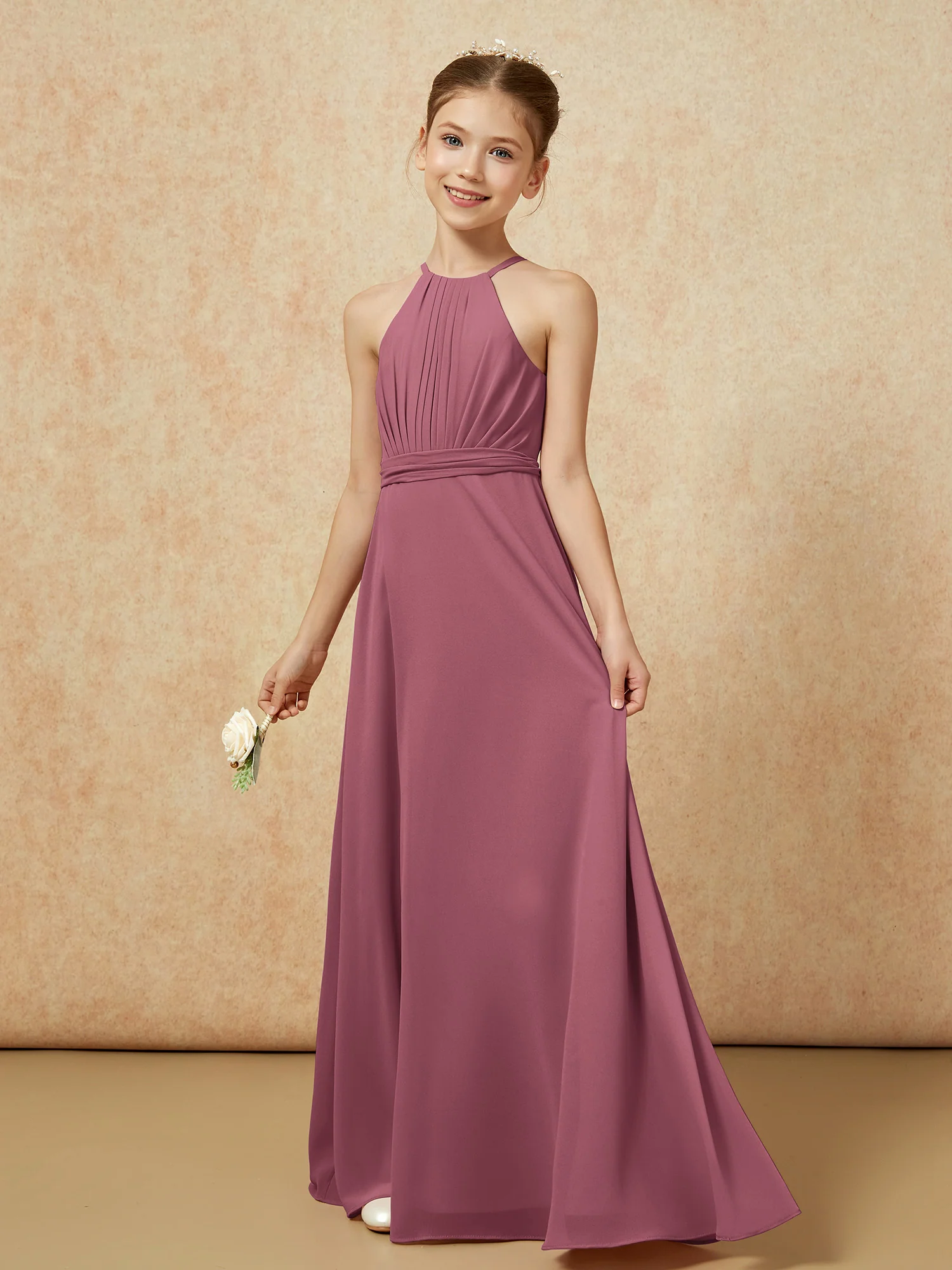 Sleeveless Pleated Long Chiffon Junior Bridesmaid Dress Mulberry - Image 3