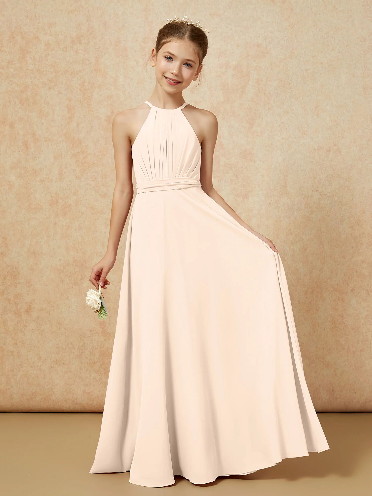 Sleeveless Pleated Long Chiffon Junior Bridesmaid Dress Peach