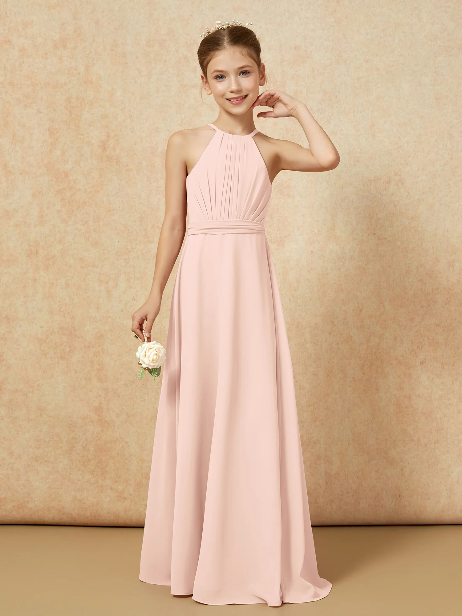 Sleeveless Pleated Long Chiffon Junior Bridesmaid Dress Pearl Pink - Image 5