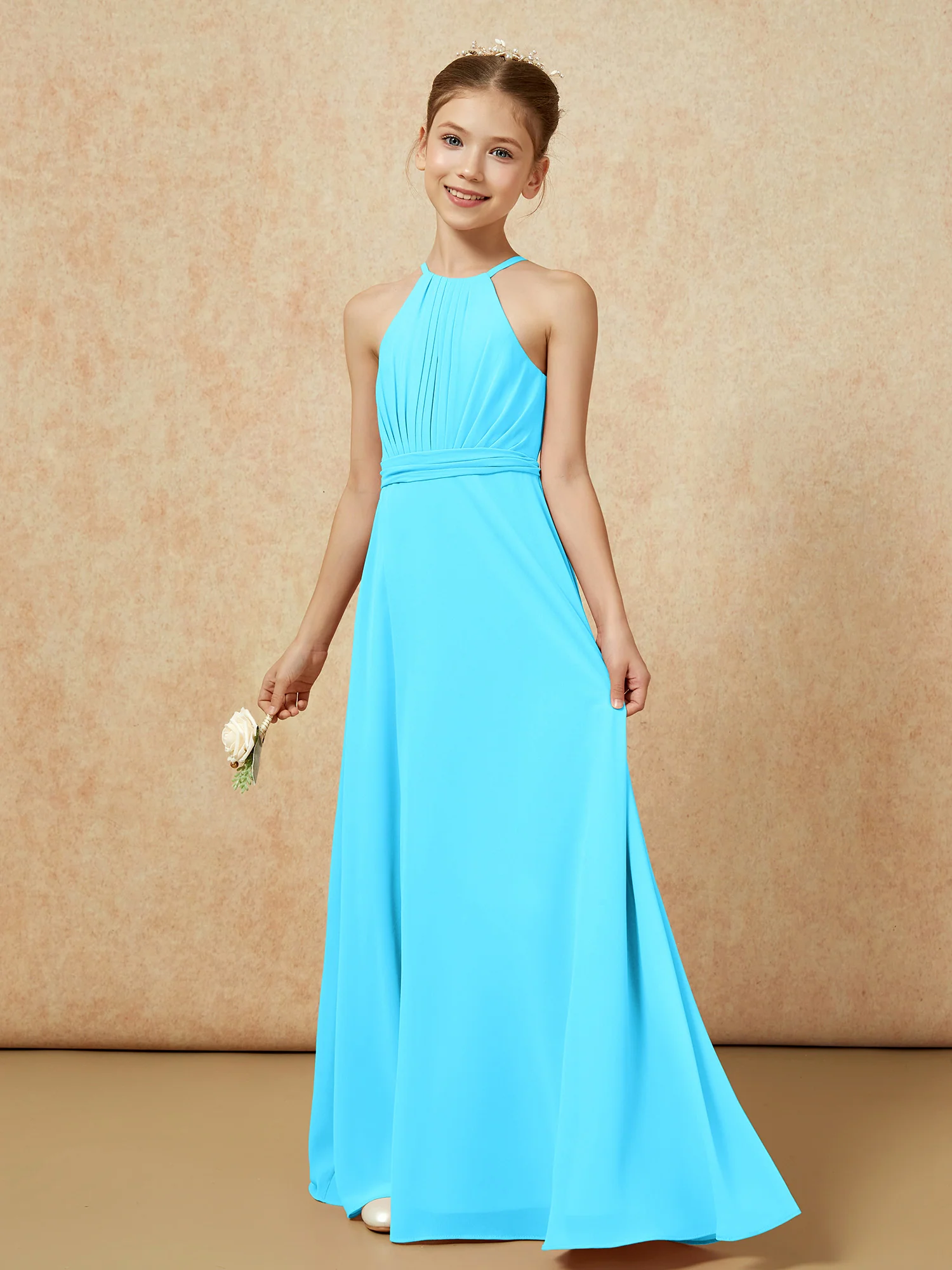 Sleeveless Pleated Long Chiffon Junior Bridesmaid Dress Pool - Image 3