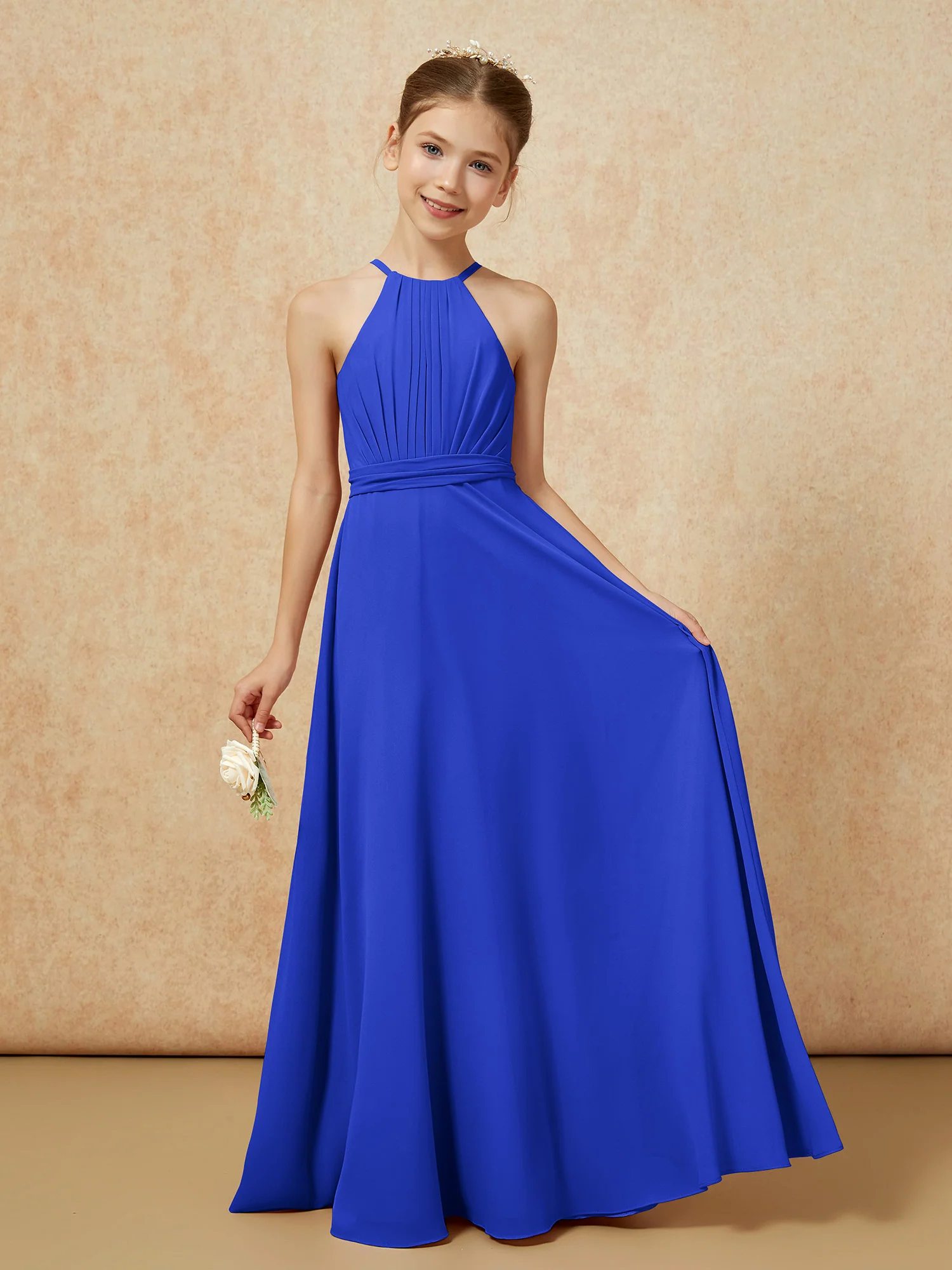 Sleeveless Pleated Long Chiffon Junior Bridesmaid Dress Royal Blue