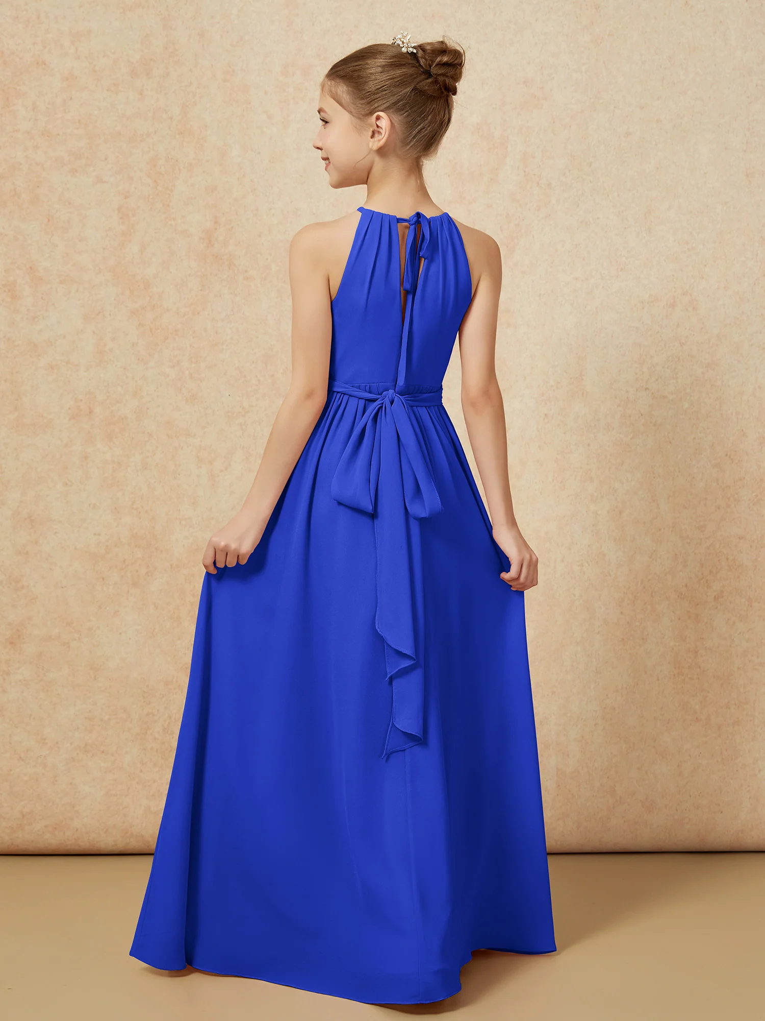 Sleeveless Pleated Long Chiffon Junior Bridesmaid Dress Royal Blue - Image 2