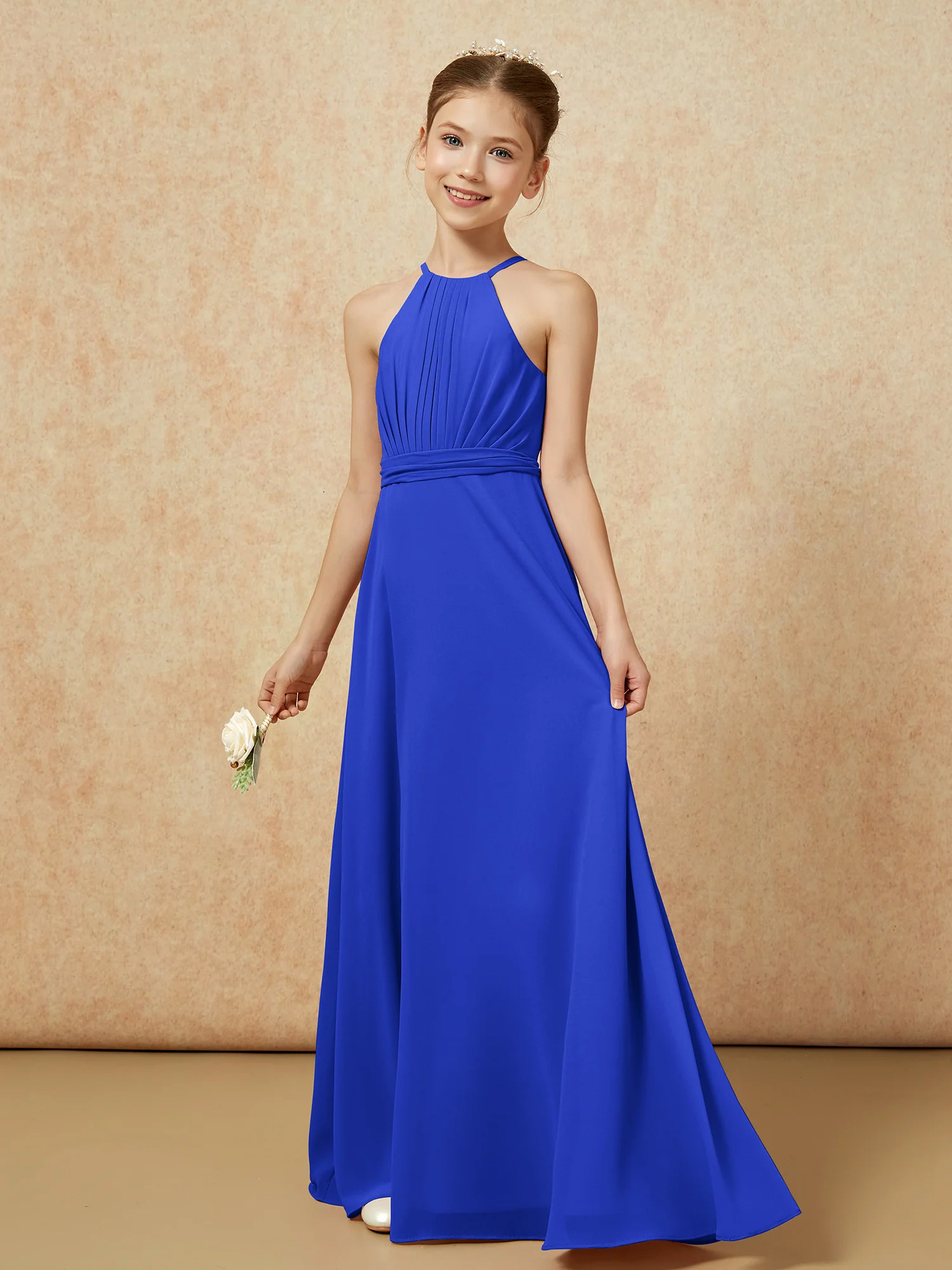 Sleeveless Pleated Long Chiffon Junior Bridesmaid Dress Royal Blue - Image 3