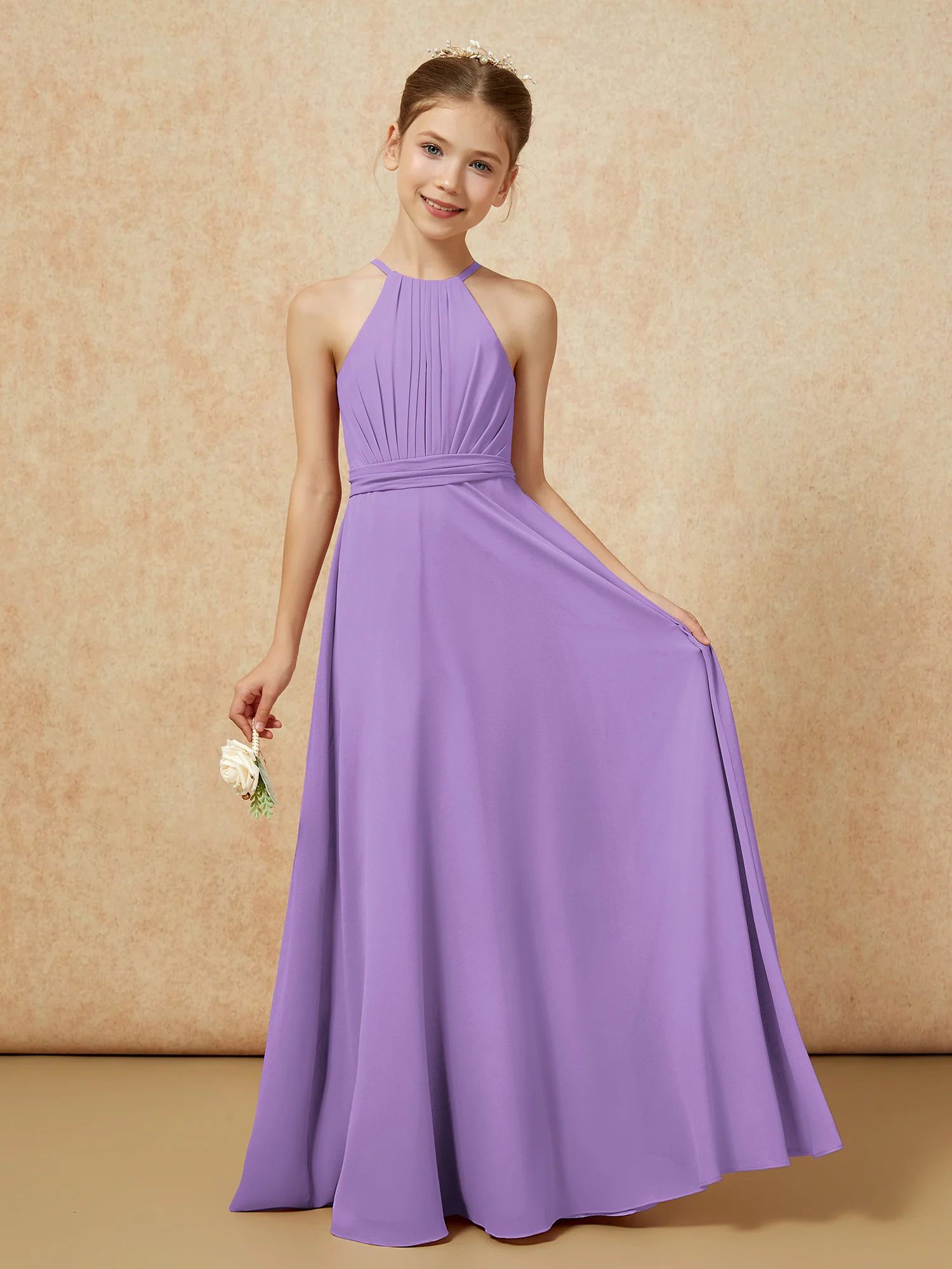 Sleeveless Pleated Long Chiffon Junior Bridesmaid Dress Tahiti