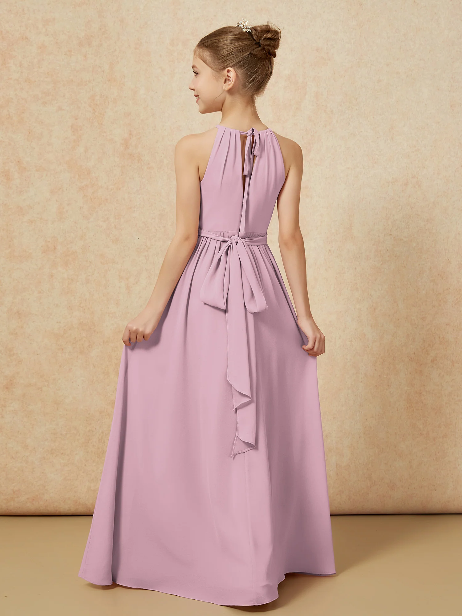 Sleeveless Pleated Long Chiffon Junior Bridesmaid Dress Vintage Mauve - Image 2