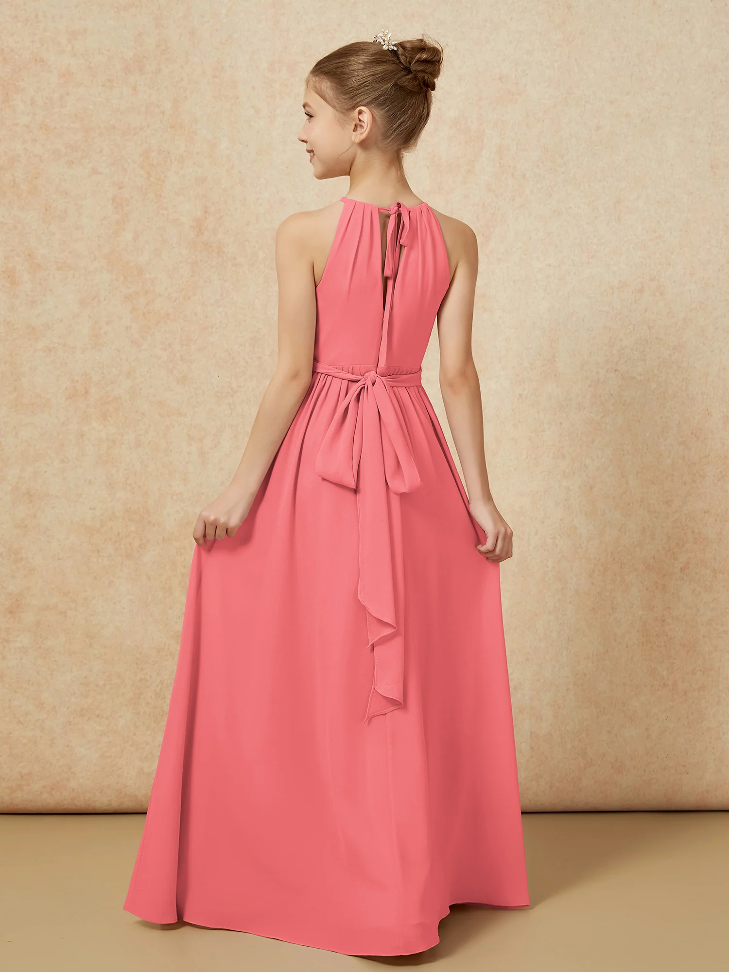 Sleeveless Pleated Long Chiffon Junior Bridesmaid Dress Watermelon - Image 2