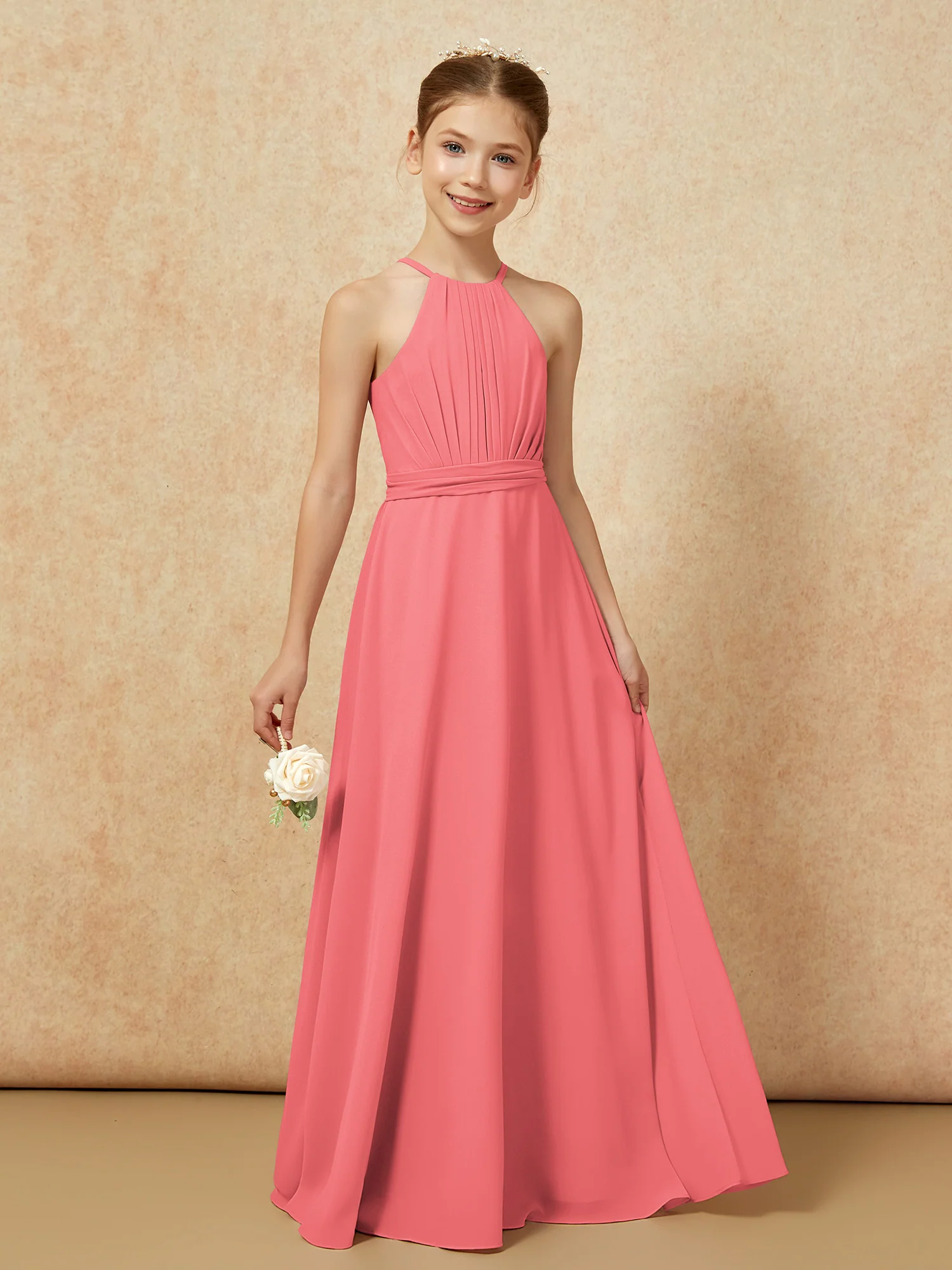 Sleeveless Pleated Long Chiffon Junior Bridesmaid Dress Watermelon - Image 6