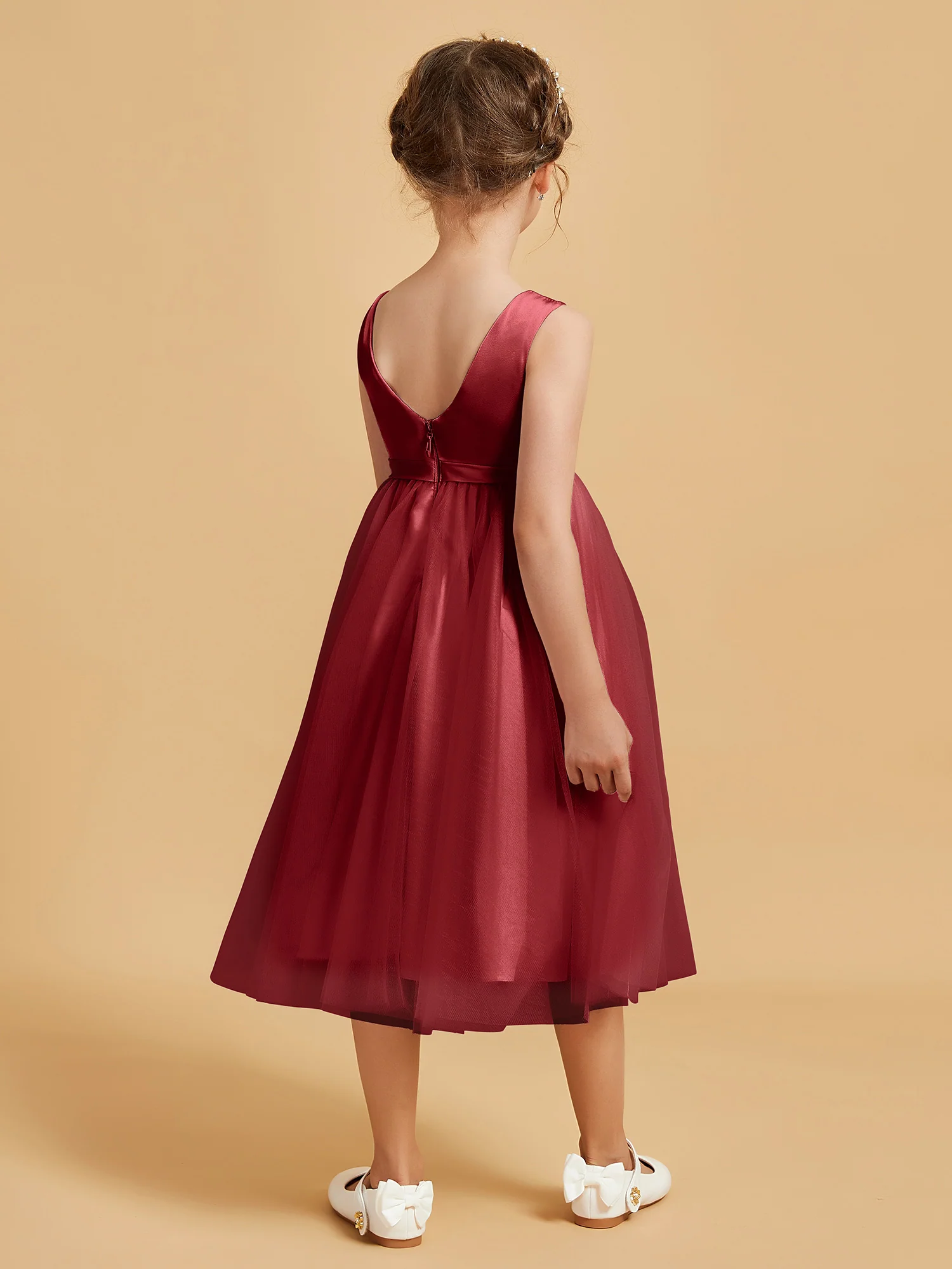 Sleeveless Satin Pleated Girl's Dress Burgundy - Image 2