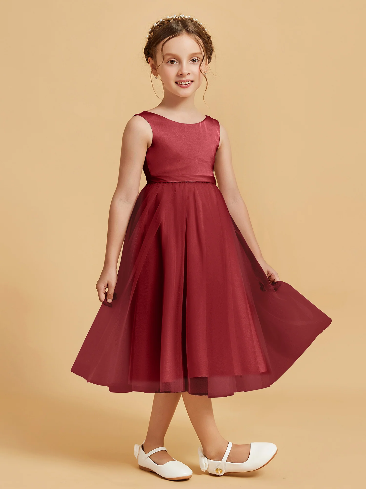 Sleeveless Satin Pleated Girl's Dress Burgundy - Image 3
