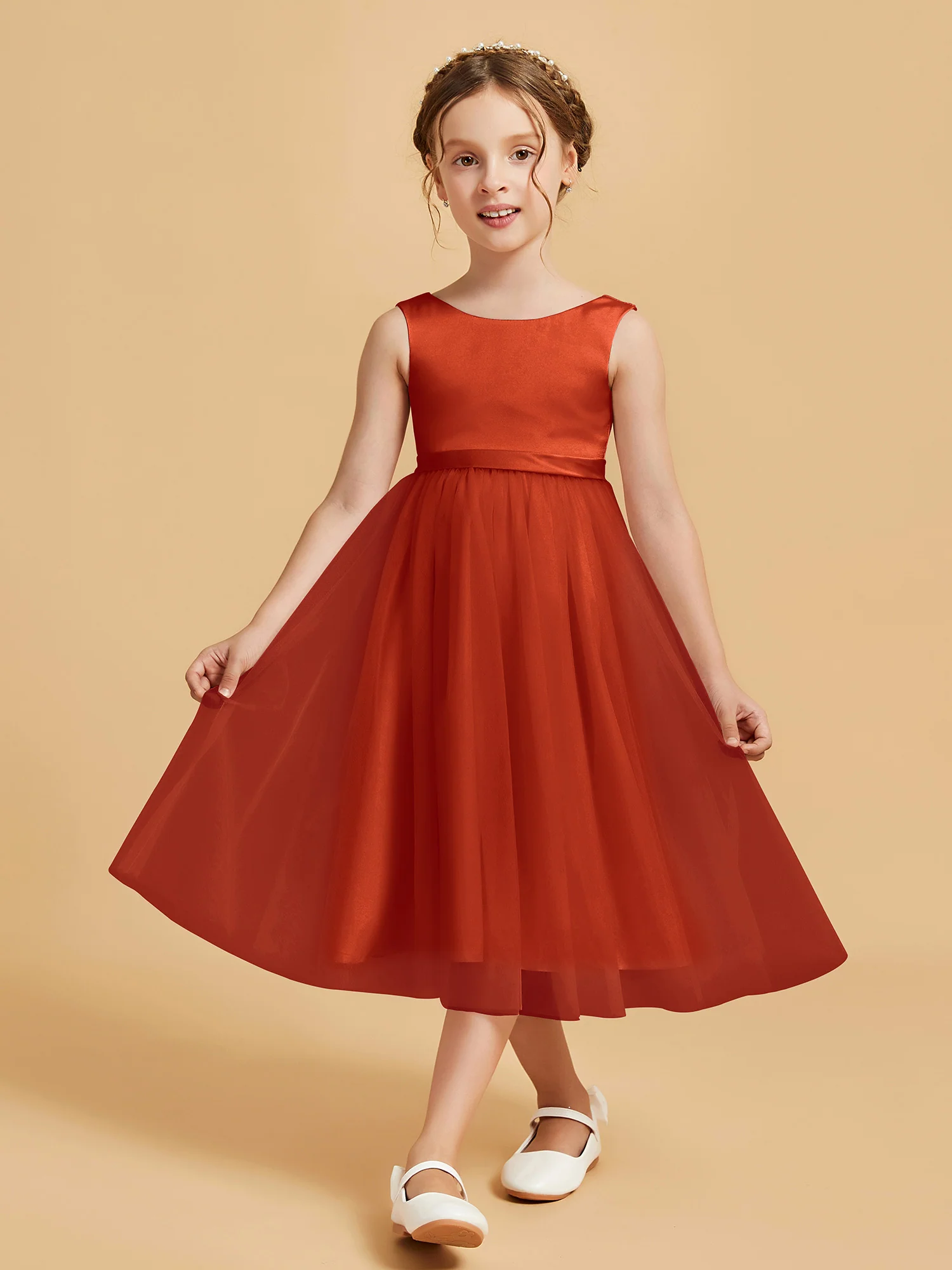 Sleeveless Satin Pleated Girl's Dress Burnt Orange