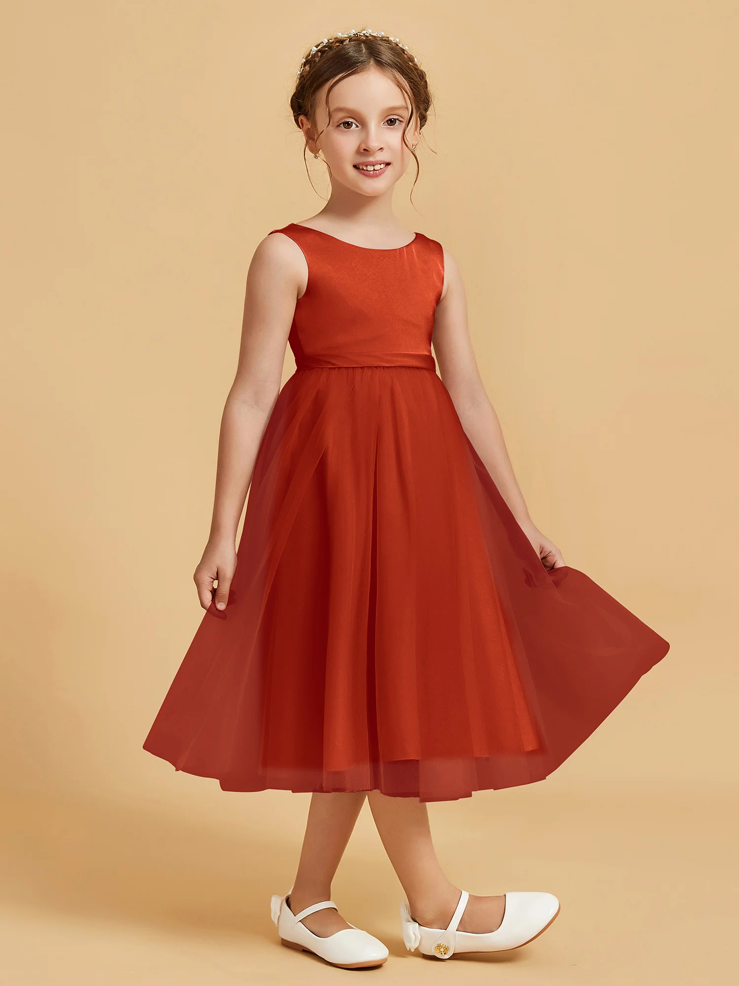Sleeveless Satin Pleated Girl's Dress Burnt Orange - Image 3