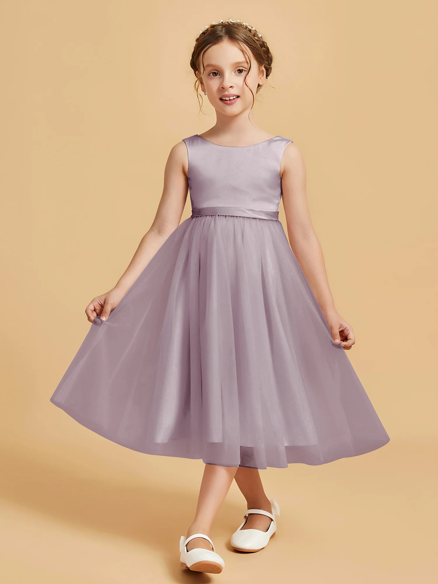 Sleeveless Satin Pleated Girl's Dress Dusk