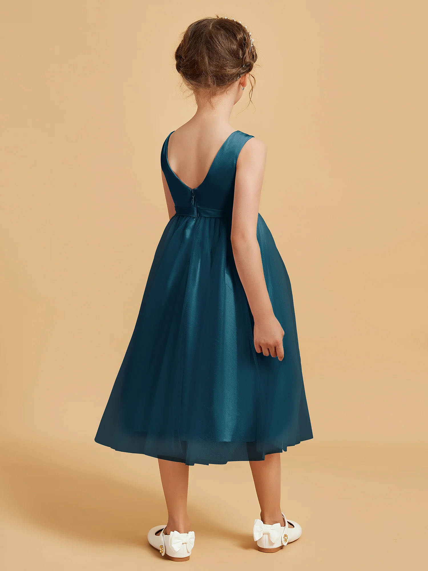 Sleeveless Satin Pleated Girl's Dress Ink Blue - Image 2