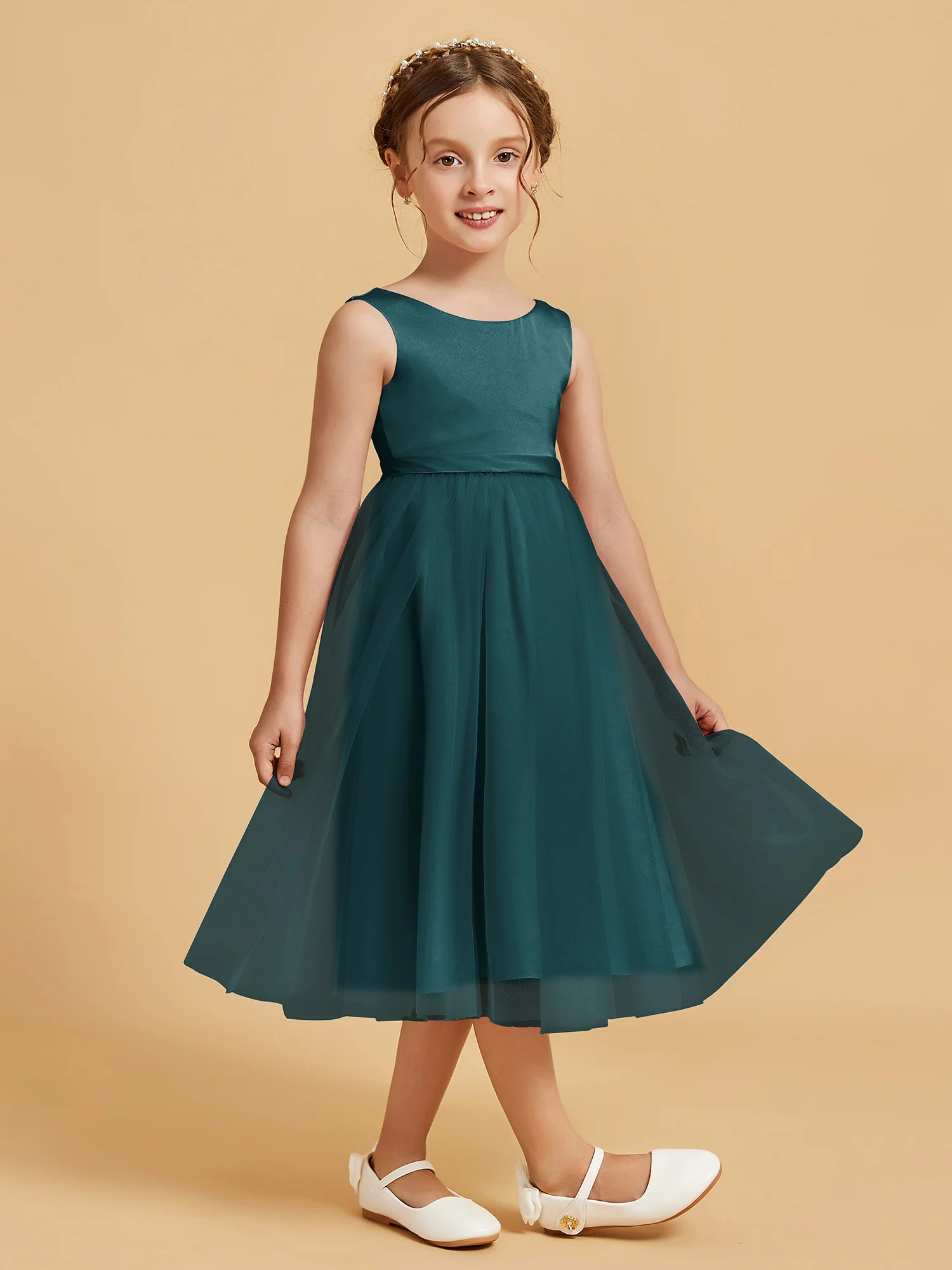 Sleeveless Satin Pleated Girl's Dress Peacock - Image 3