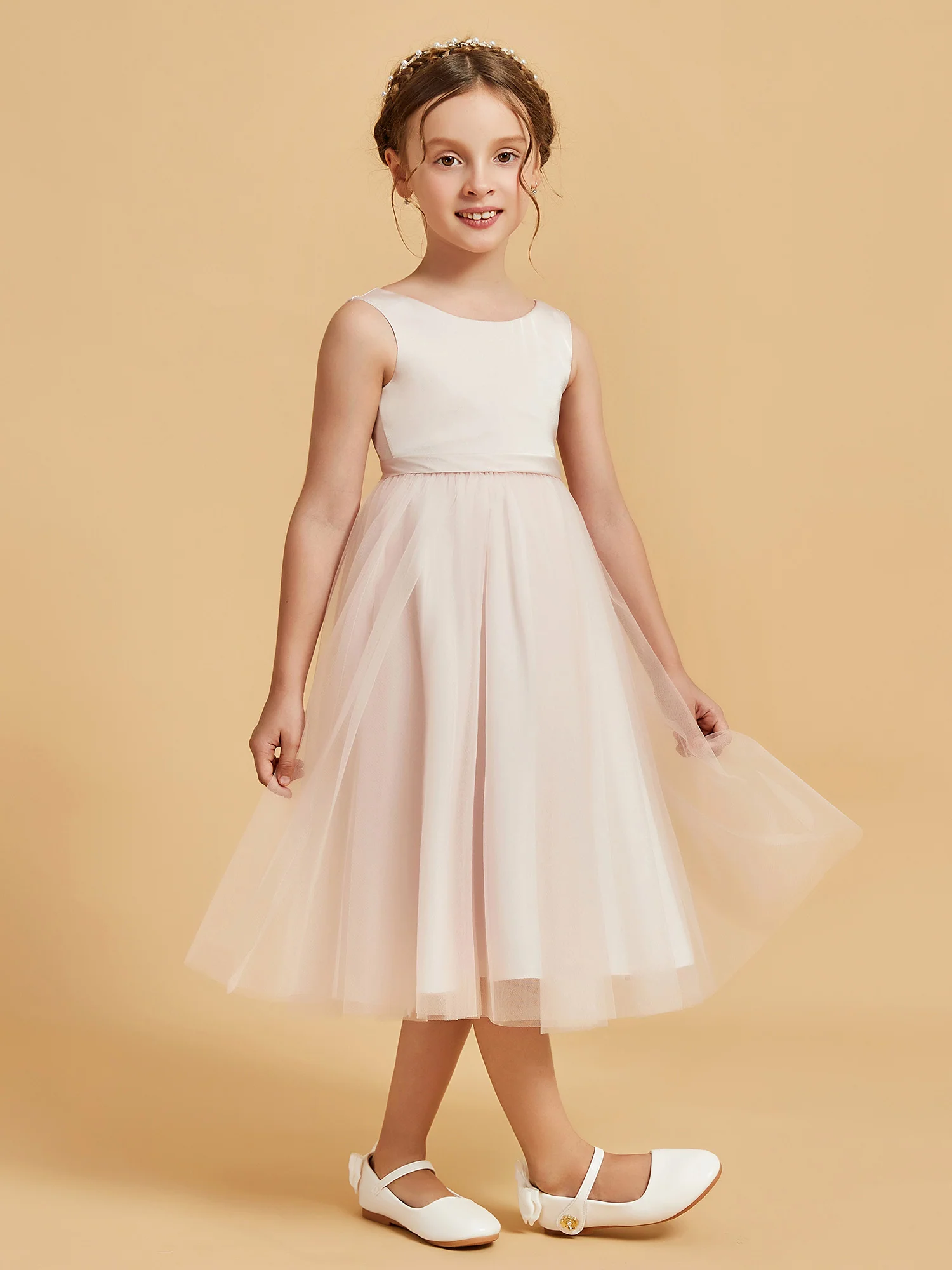 Sleeveless Satin Pleated Girl's Dress Rose Petal - Image 3