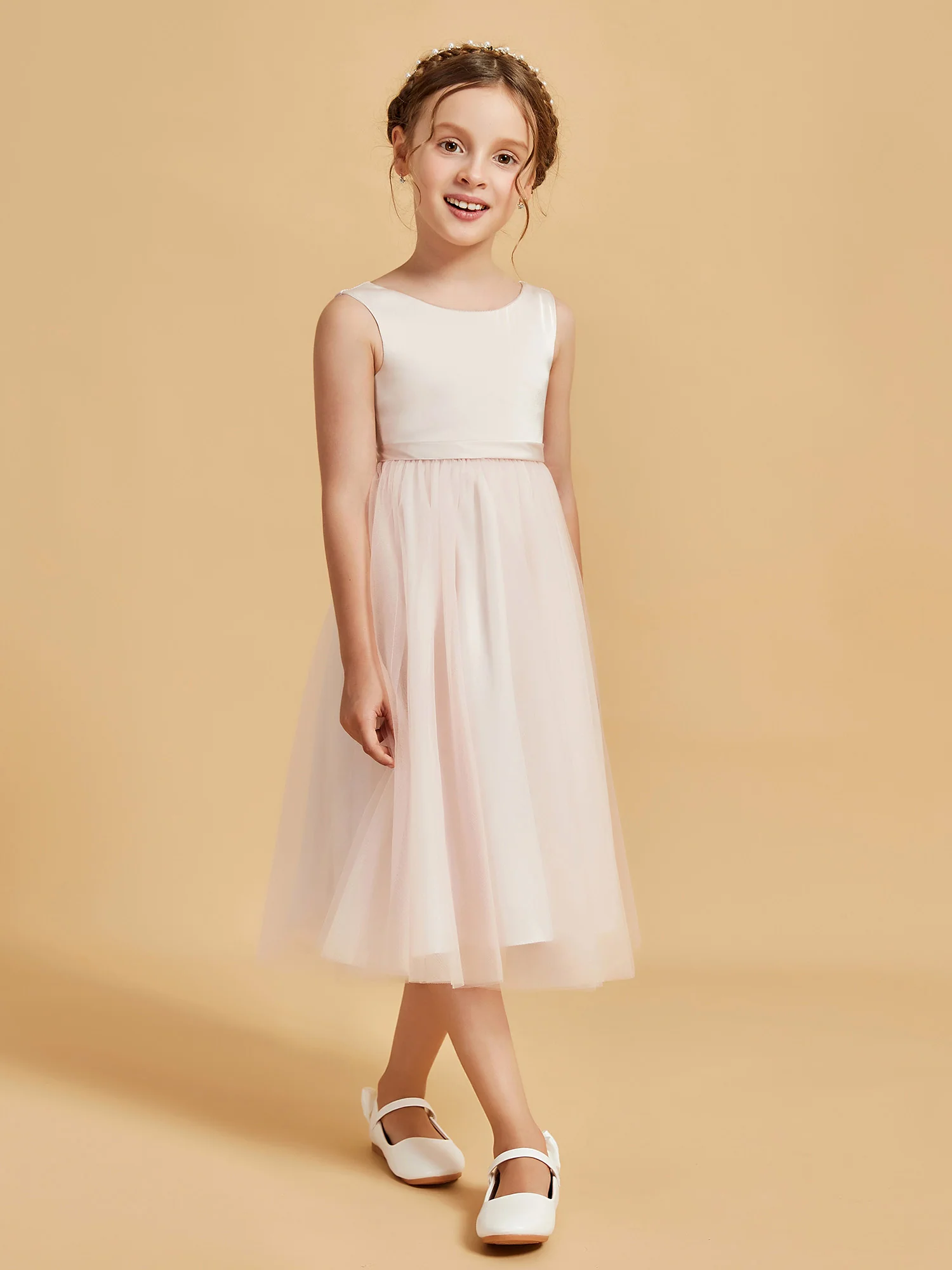 Sleeveless Satin Pleated Girl's Dress Rose Petal - Image 5