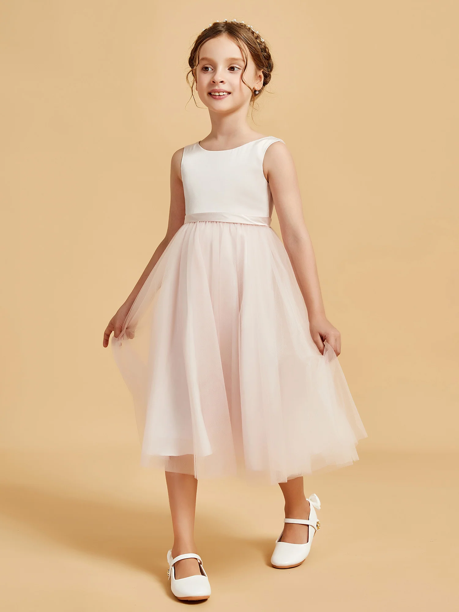 Sleeveless Satin Pleated Girl's Dress Rose Petal - Image 6