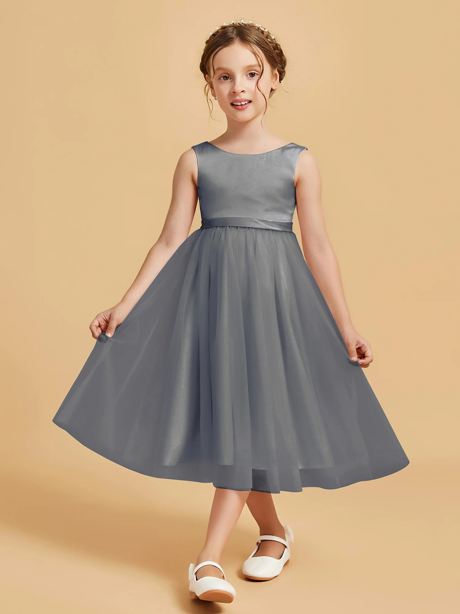 Sleeveless Satin Pleated Girl's Dress Steel Grey