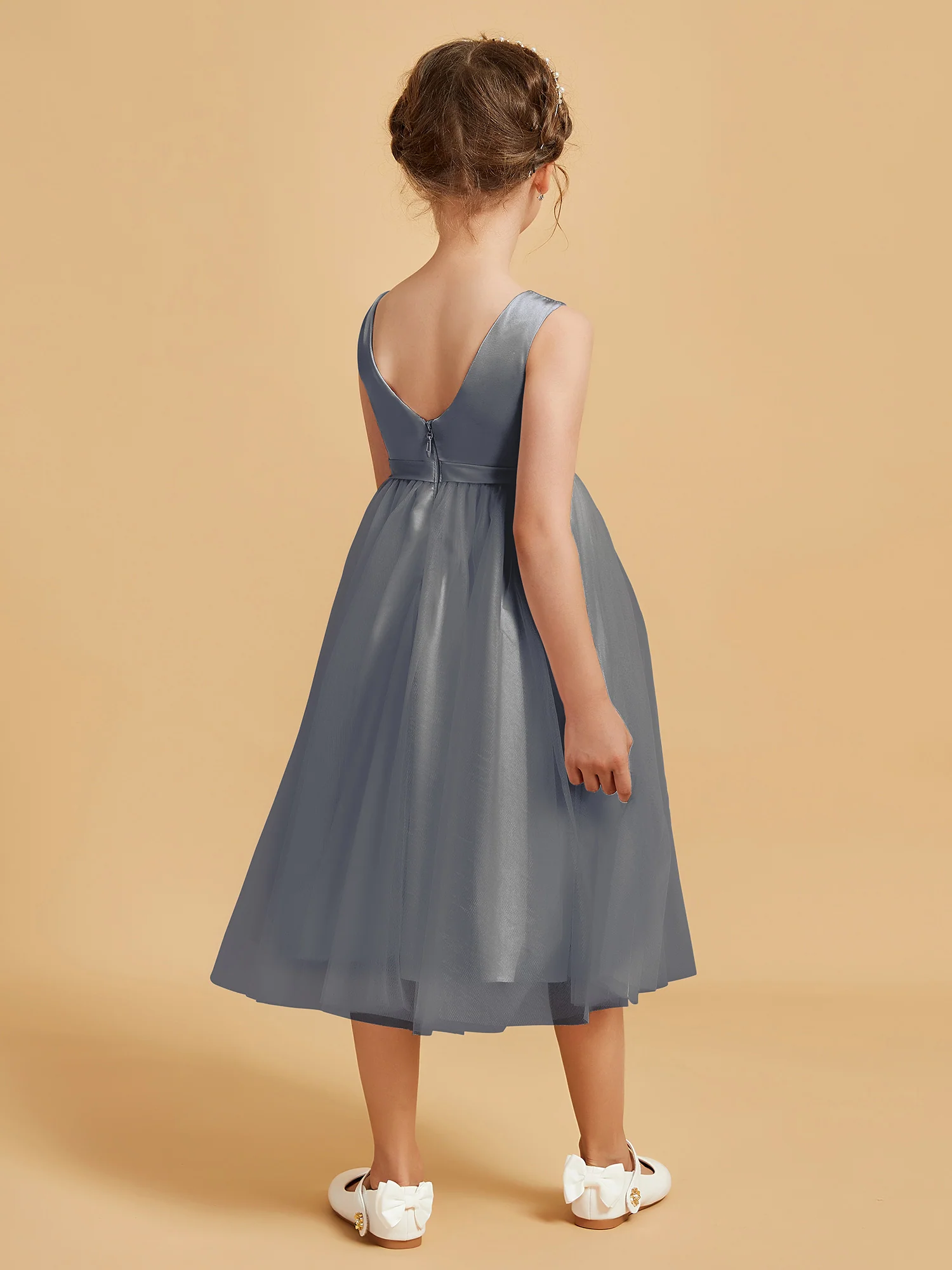 Sleeveless Satin Pleated Girl's Dress Steel Grey - Image 2