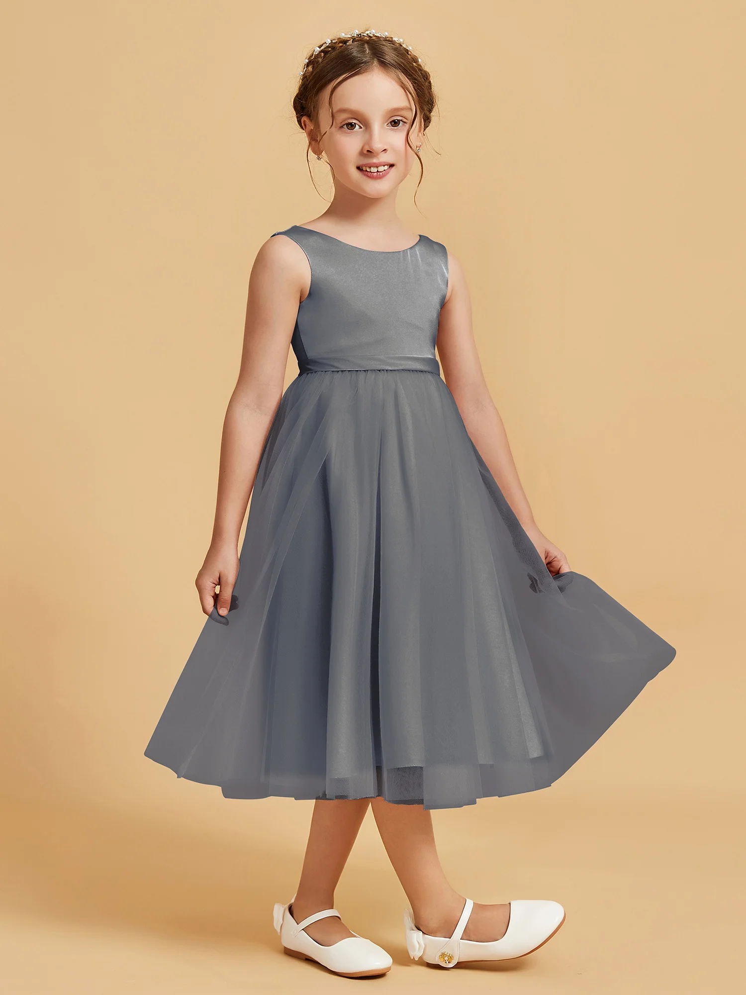 Sleeveless Satin Pleated Girl's Dress Steel Grey - Image 3