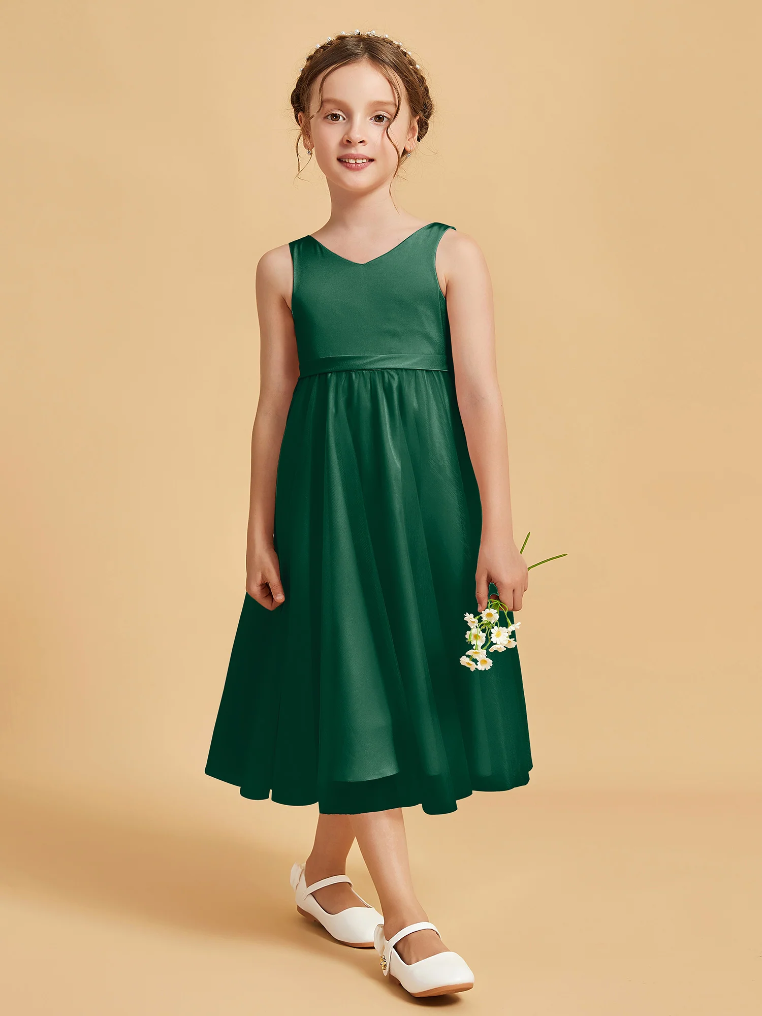 Sleeveless V-Neck Girl's Dress Dark Green