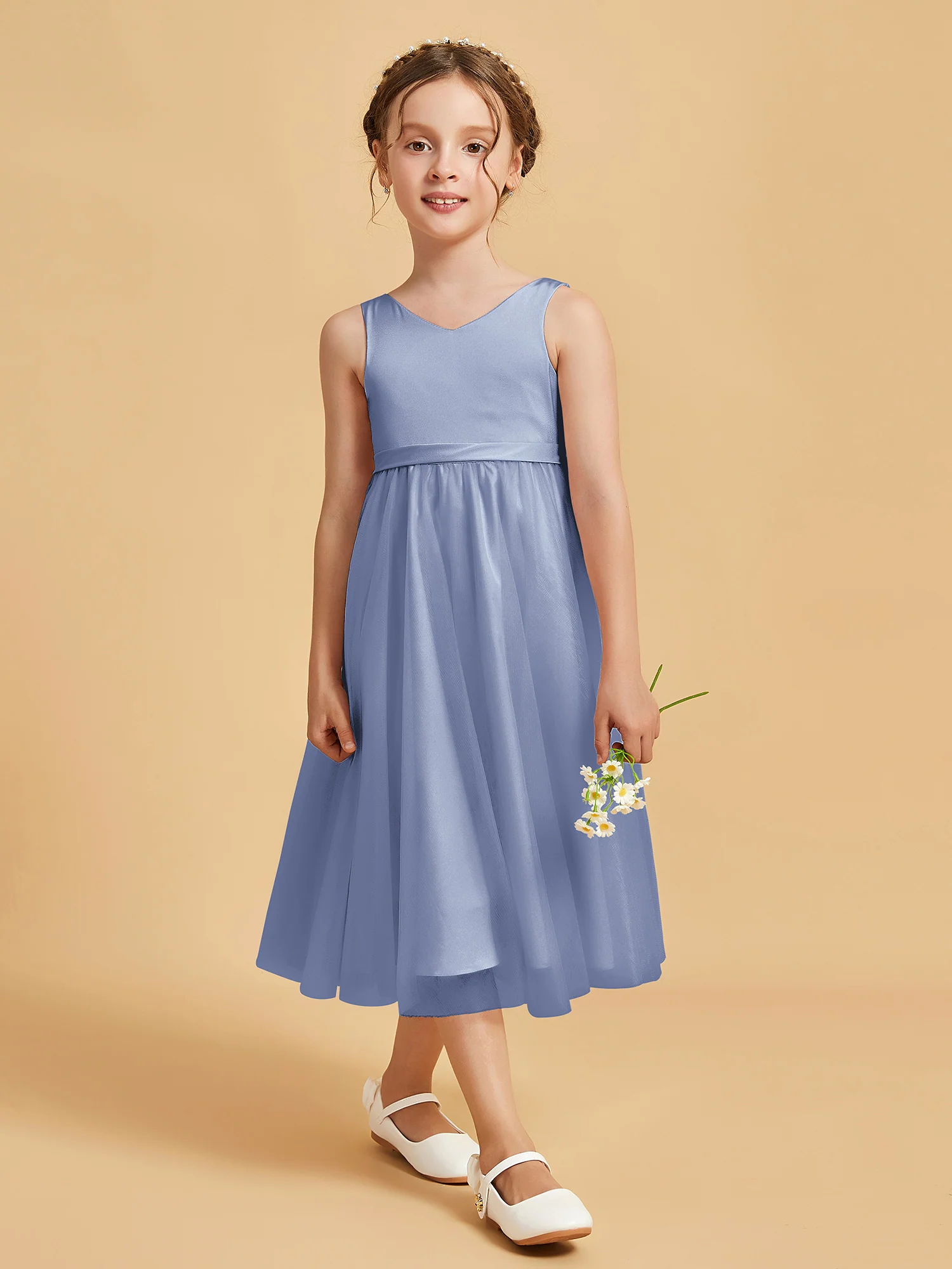 Sleeveless V-Neck Girl's Dress Dusty Blue