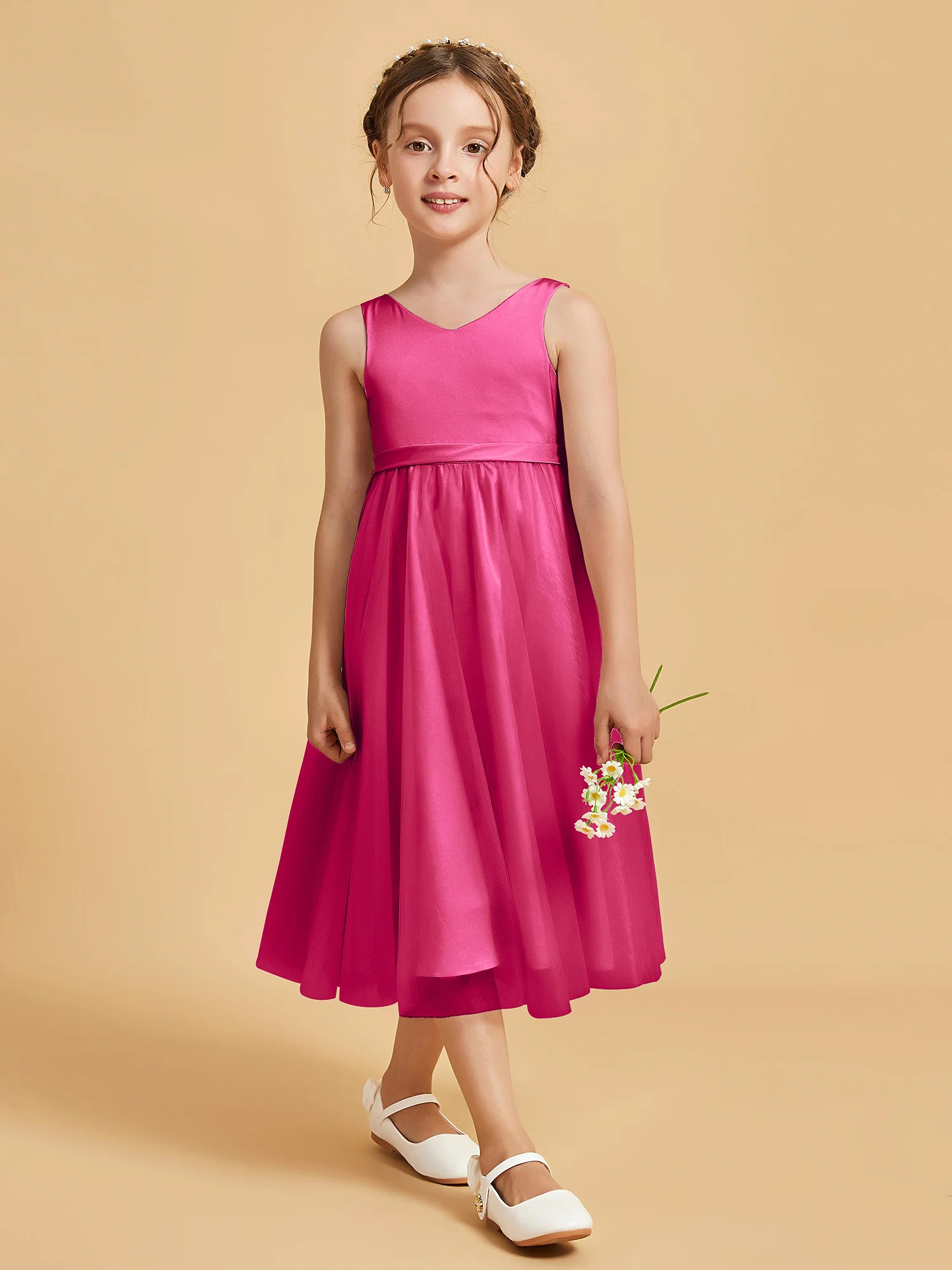 Sleeveless V-Neck Girl's Dress Fuchsia