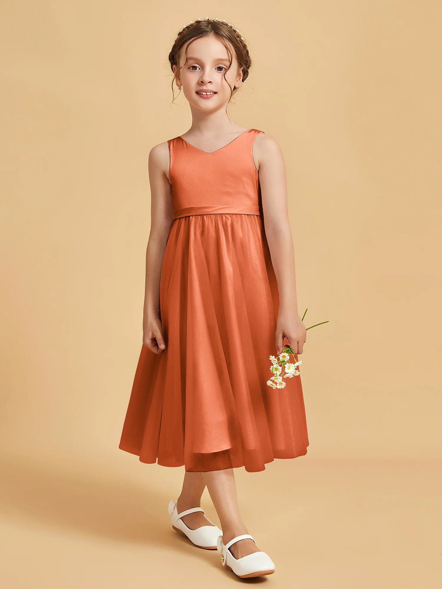 Sleeveless V-Neck Girl's Dress Rust