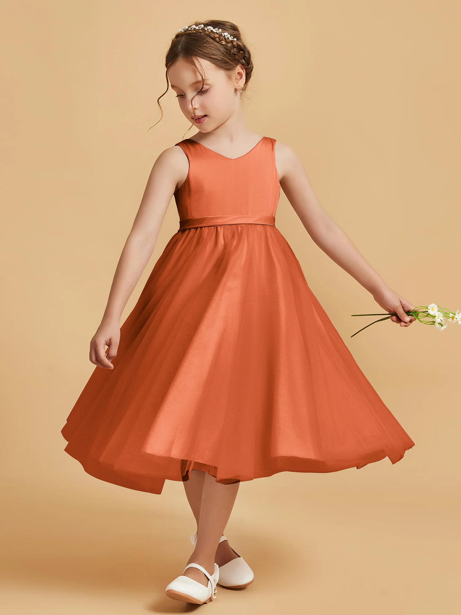 Sleeveless V-Neck Girl's Dress Rust - Image 3
