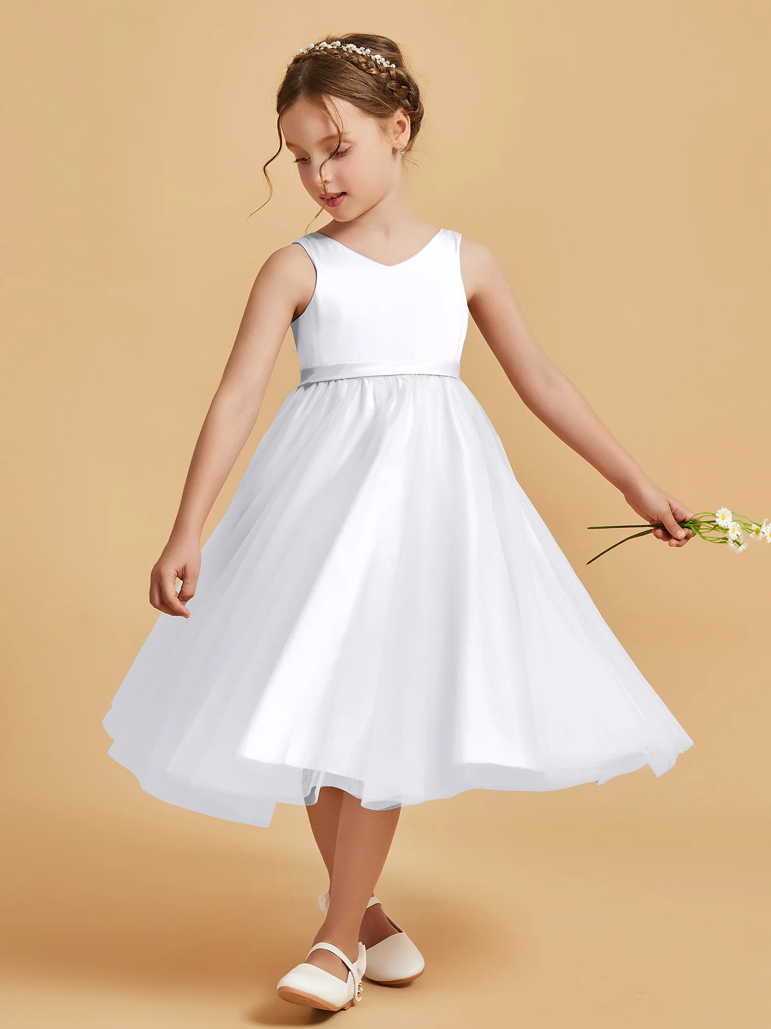 Sleeveless V-Neck Girl's Dress White - Image 3