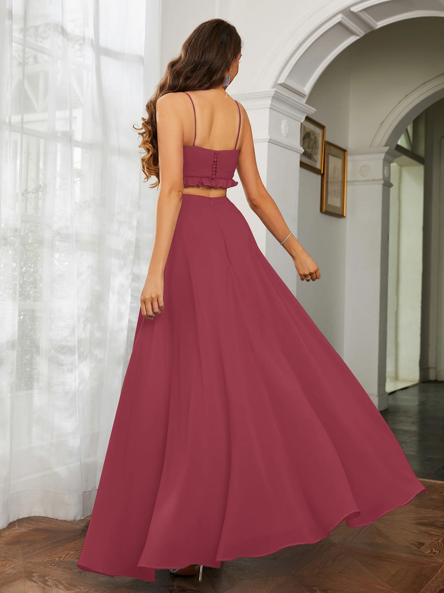 Spaghetti Strap Ruffled Chiffon Cutout Maxi Sexy Dress Cinnamon Rose Plus Size - Image 2