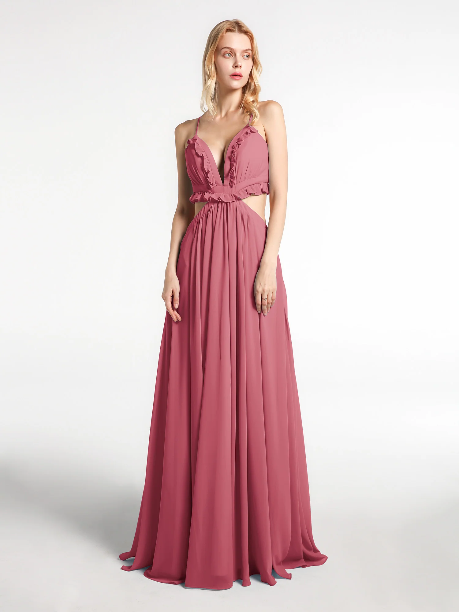 Spaghetti Strap Ruffled Chiffon Cutout Maxi Sexy Dress Cinnamon Rose - Image 4