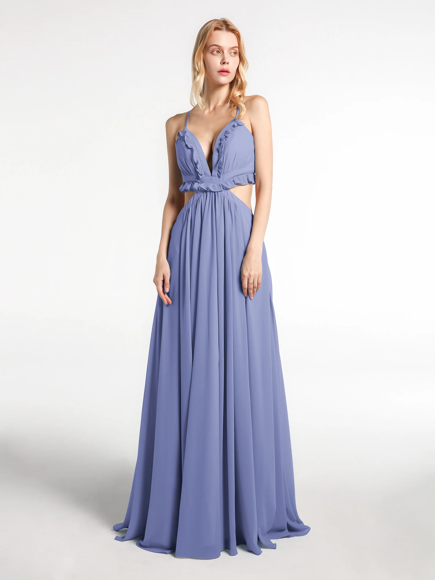 Spaghetti Strap Ruffled Chiffon Cutout Maxi Sexy Dress Periwinkle - Image 4