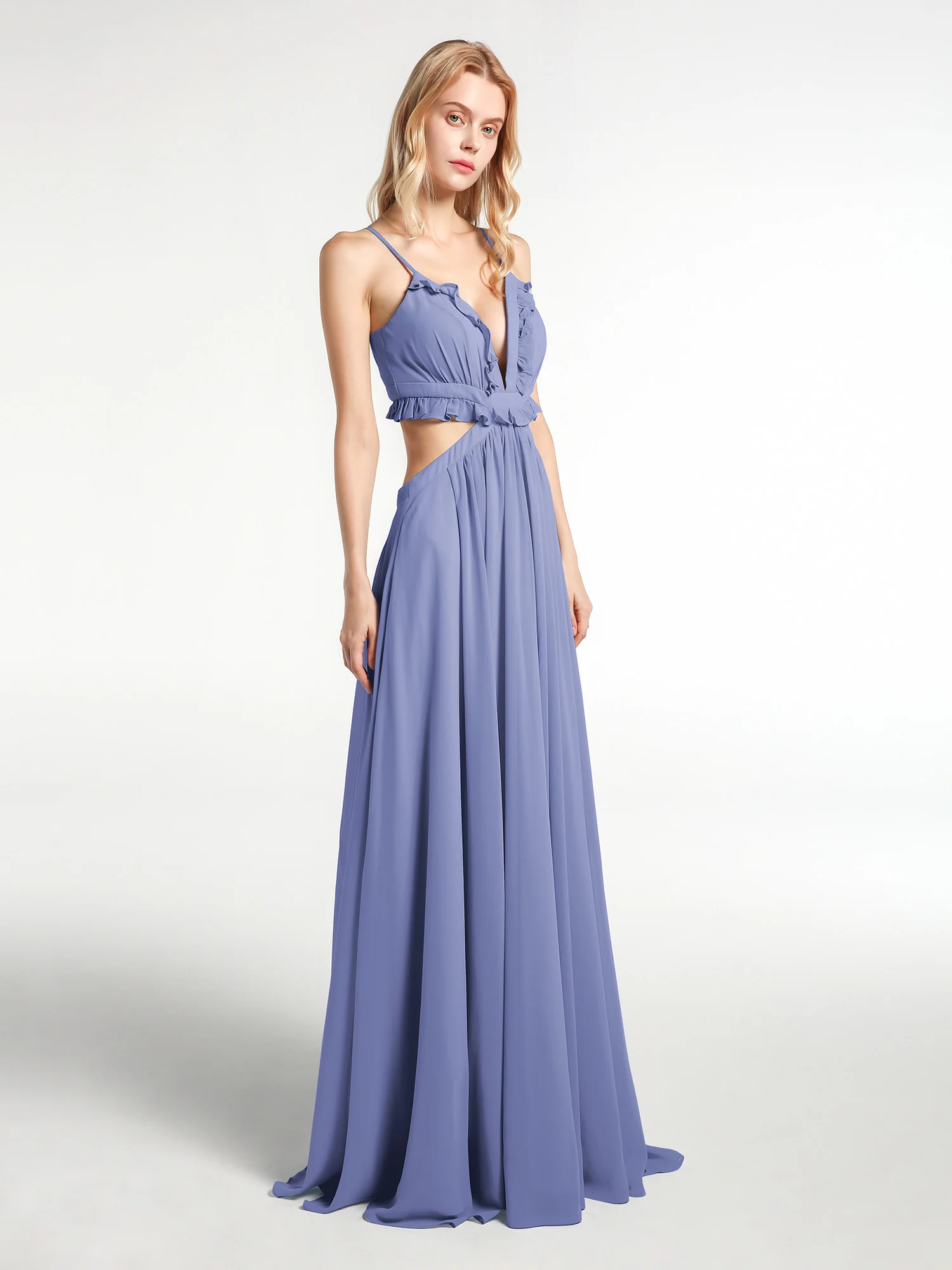 Spaghetti Strap Ruffled Chiffon Cutout Maxi Sexy Dress Periwinkle - Image 6