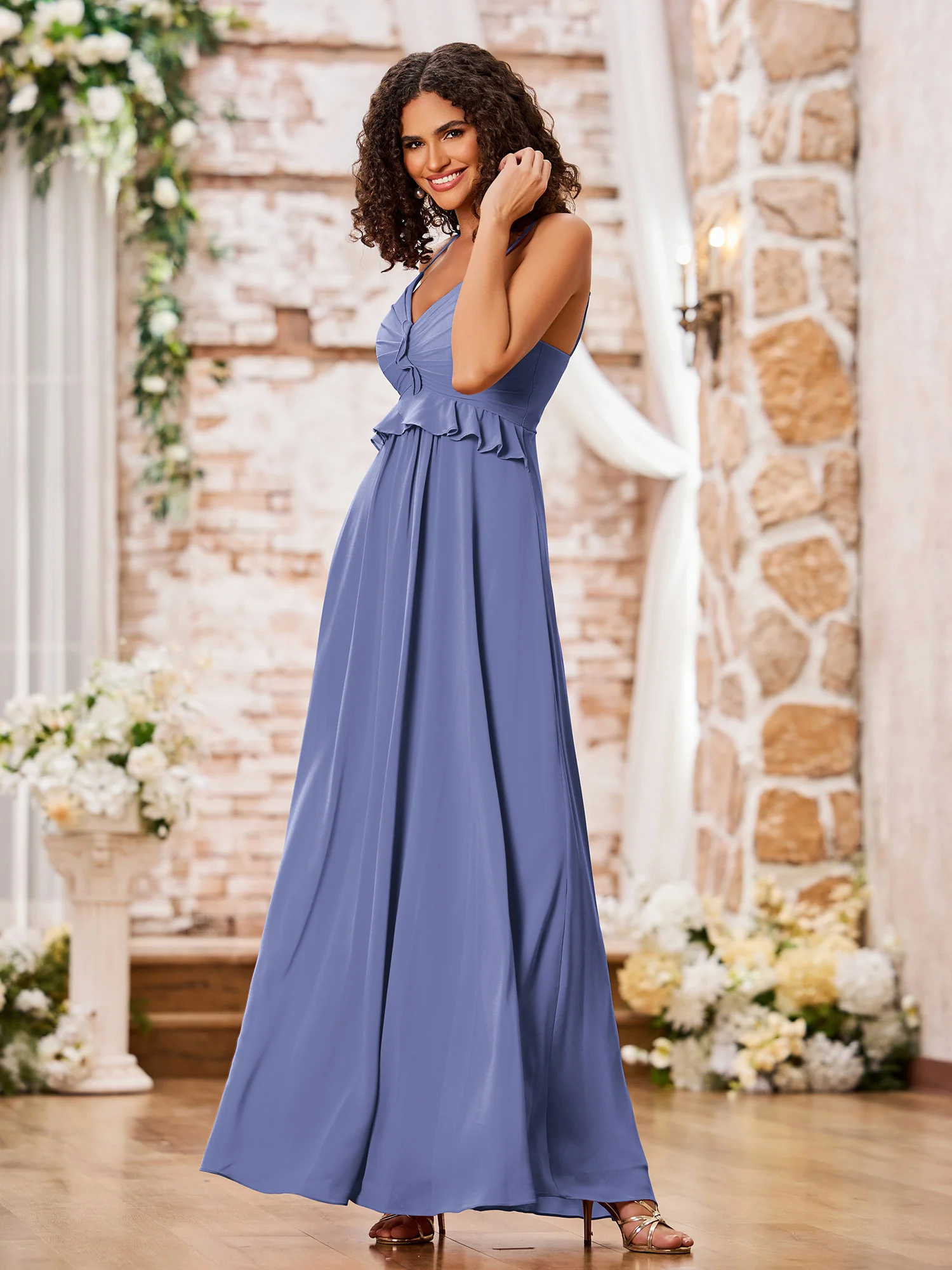 Spaghetti Straps A-line Chiffon Gowns with Ruffles Waist Periwinkle - Image 3