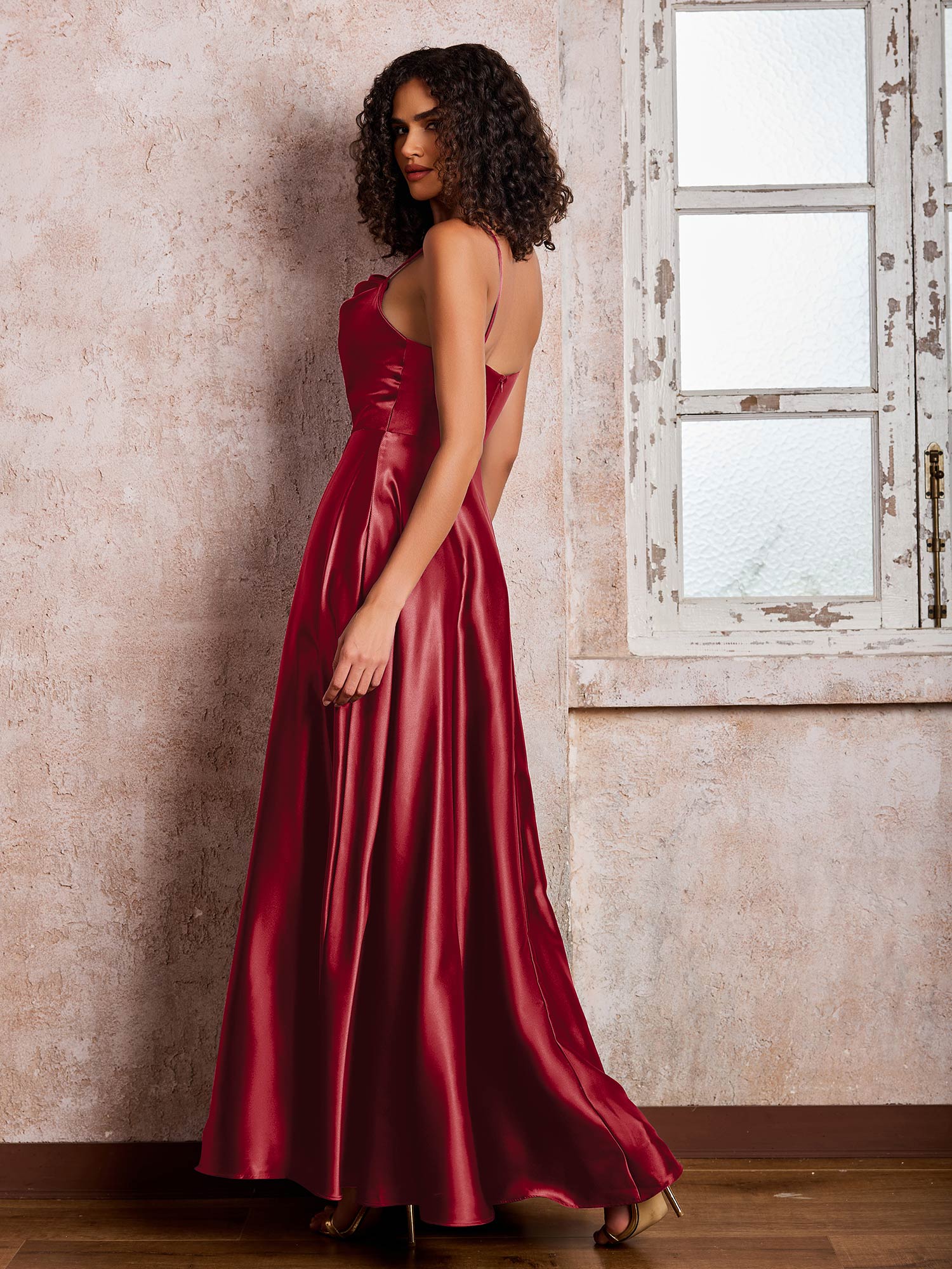 Spaghetti Straps A-line Square Neck Satin Dresses with Slit Burgundy - Image 2