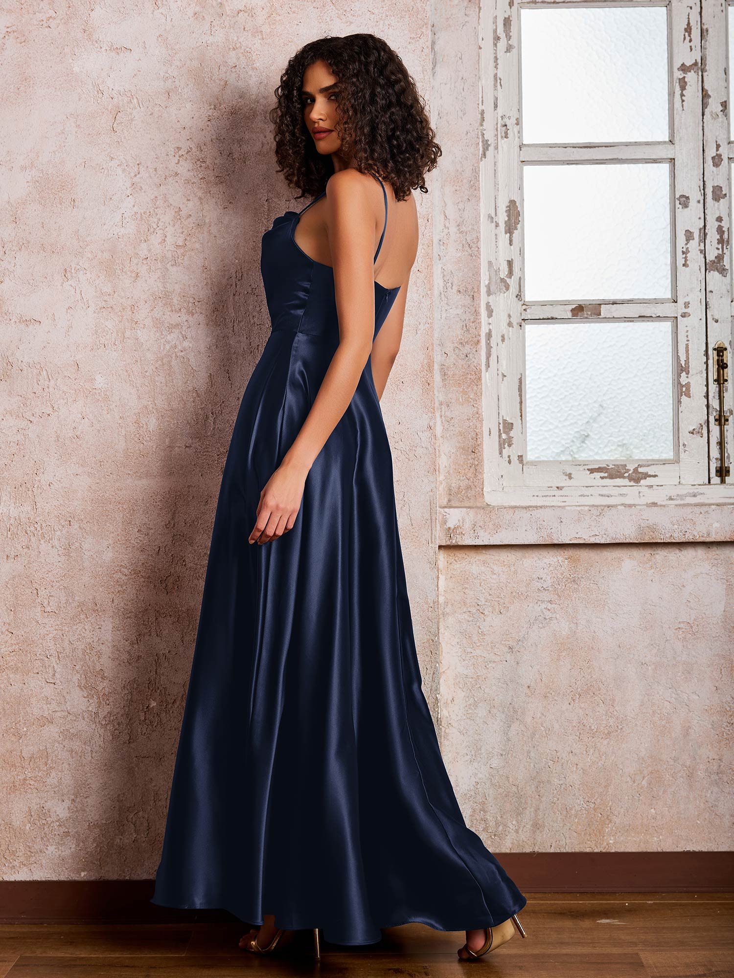 Spaghetti Straps A-line Square Neck Satin Dresses with Slit Dark Navy - Image 2