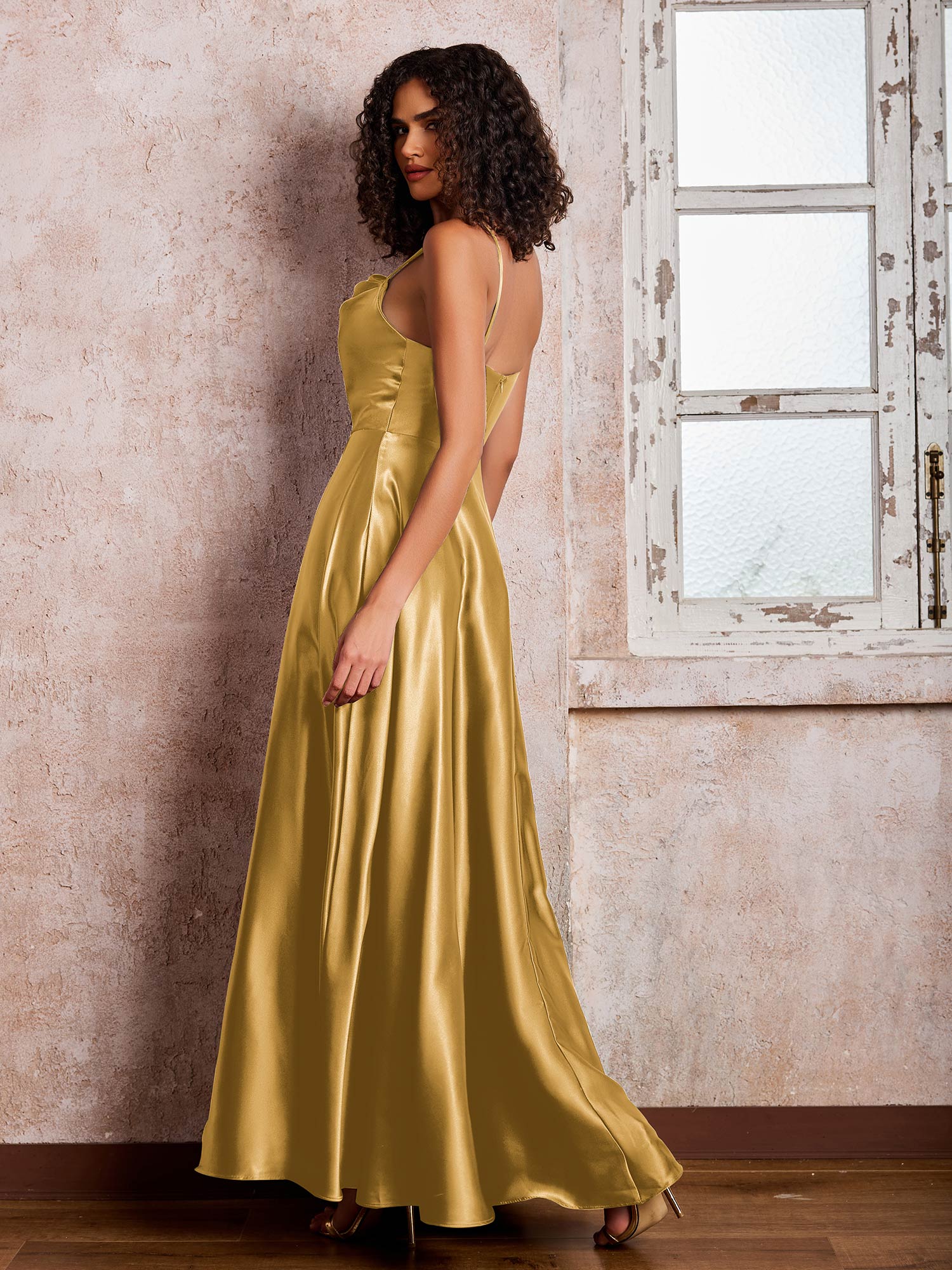 Spaghetti Straps A-line Square Neck Satin Dresses with Slit Gold - Image 2