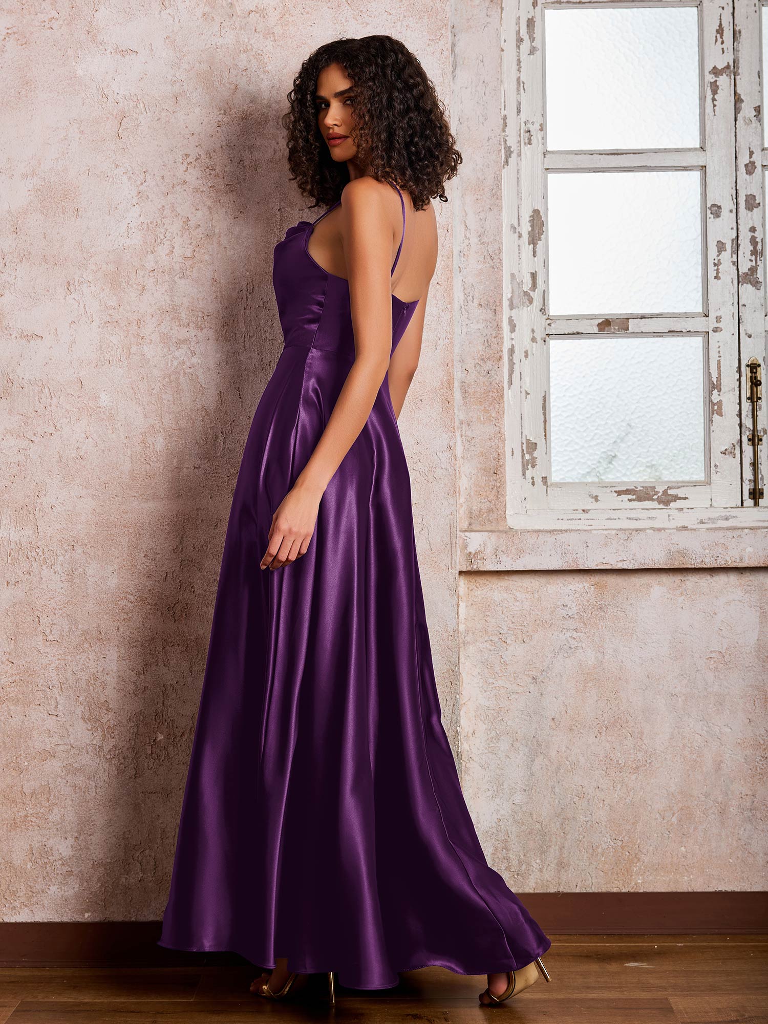 Spaghetti Straps A-line Square Neck Satin Dresses with Slit Grape - Image 2