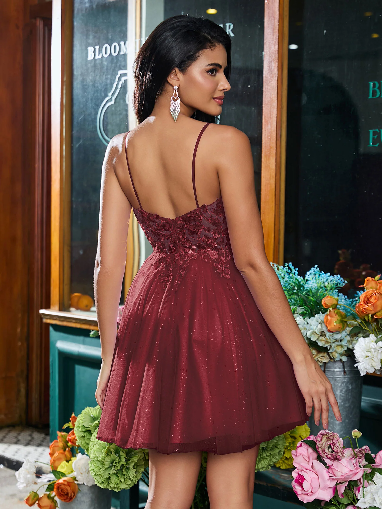 Spaghetti Straps Applique Tulle A-line Mini Dress Cinnamon Rose - Image 2