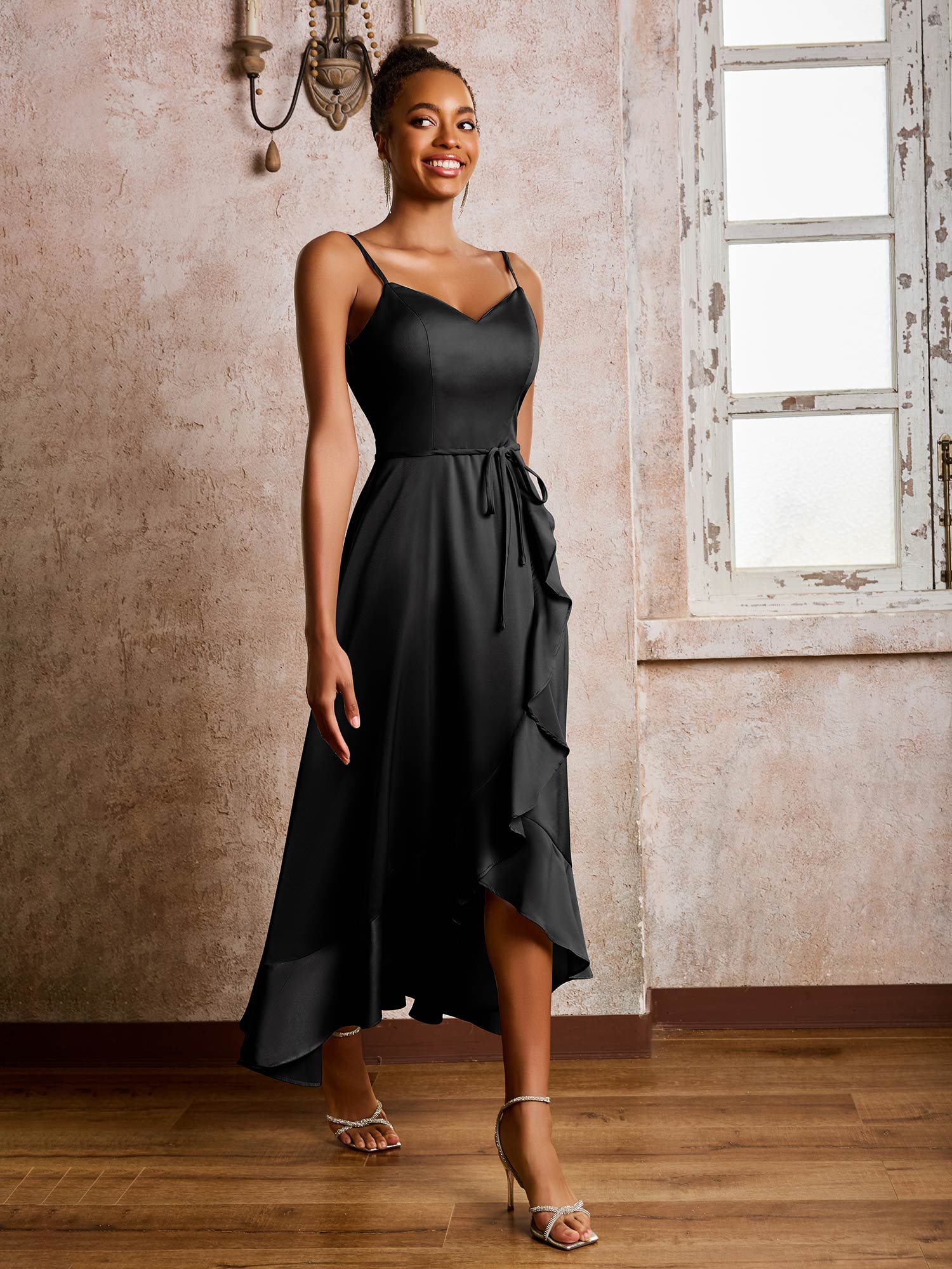 Spaghetti Straps Asymmetrical Soft Satin Dresses Black - Image 3