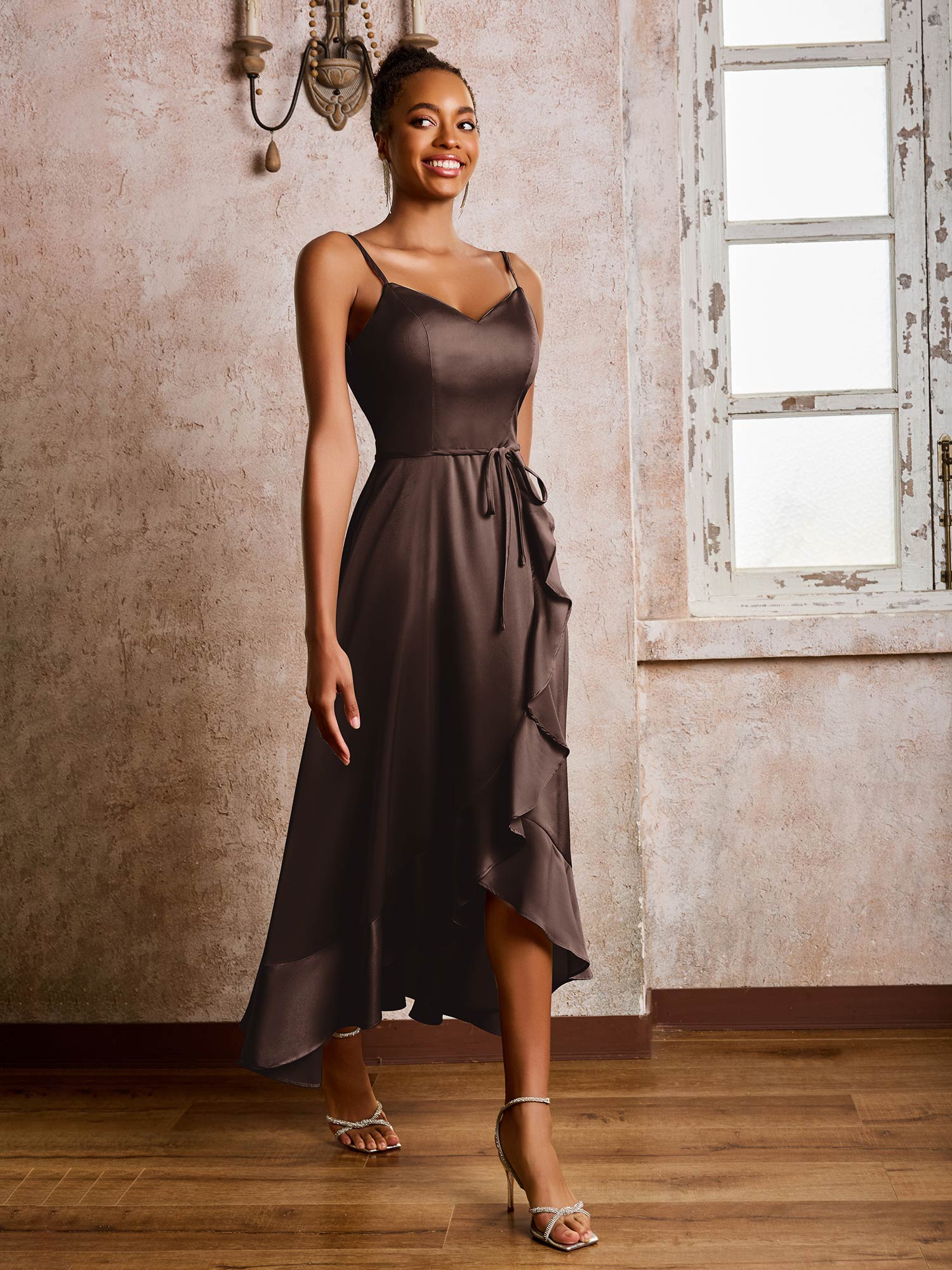 Spaghetti Straps Asymmetrical Soft Satin Dresses Chocolate - Image 3