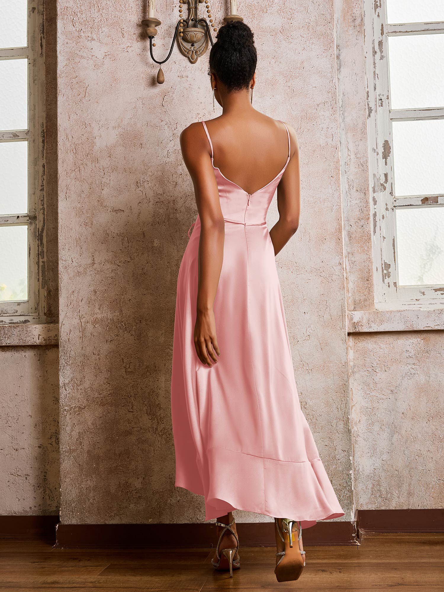 Spaghetti Straps Asymmetrical Soft Satin Dresses Dusty Rose - Image 2
