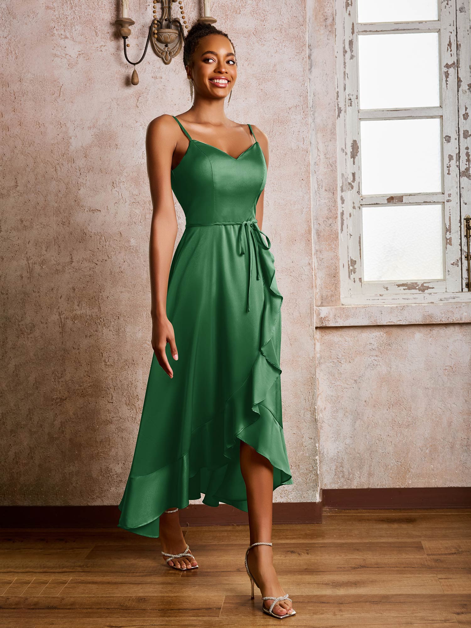 Spaghetti Straps Asymmetrical Soft Satin Dresses Emerald - Image 3