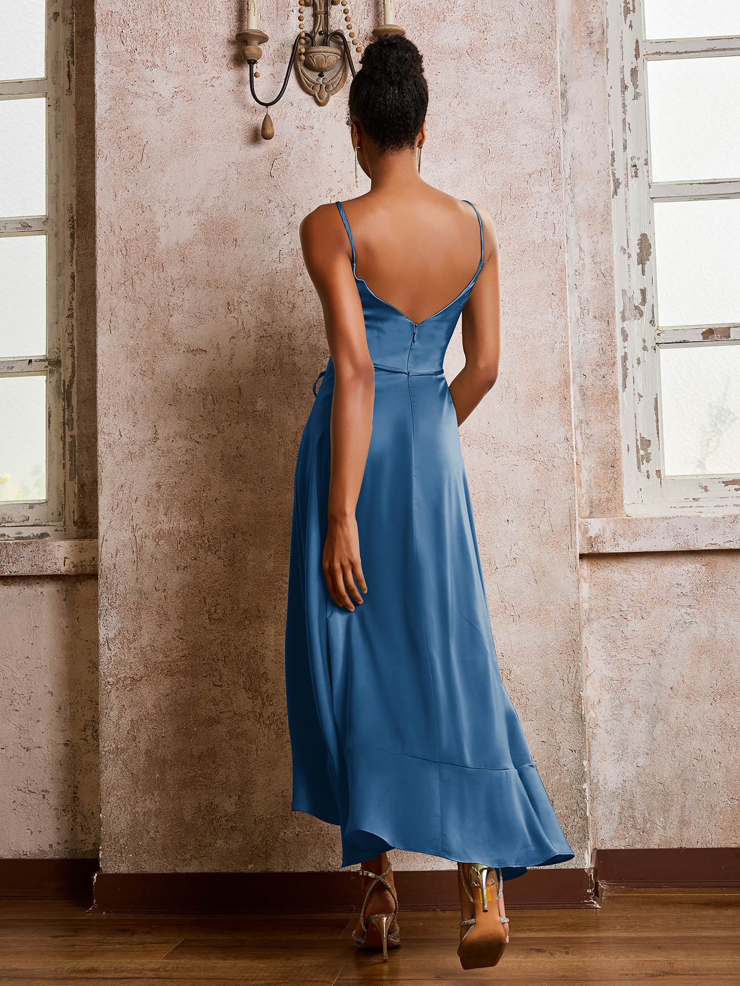 Spaghetti Straps Asymmetrical Soft Satin Dresses Ink Blue - Image 2