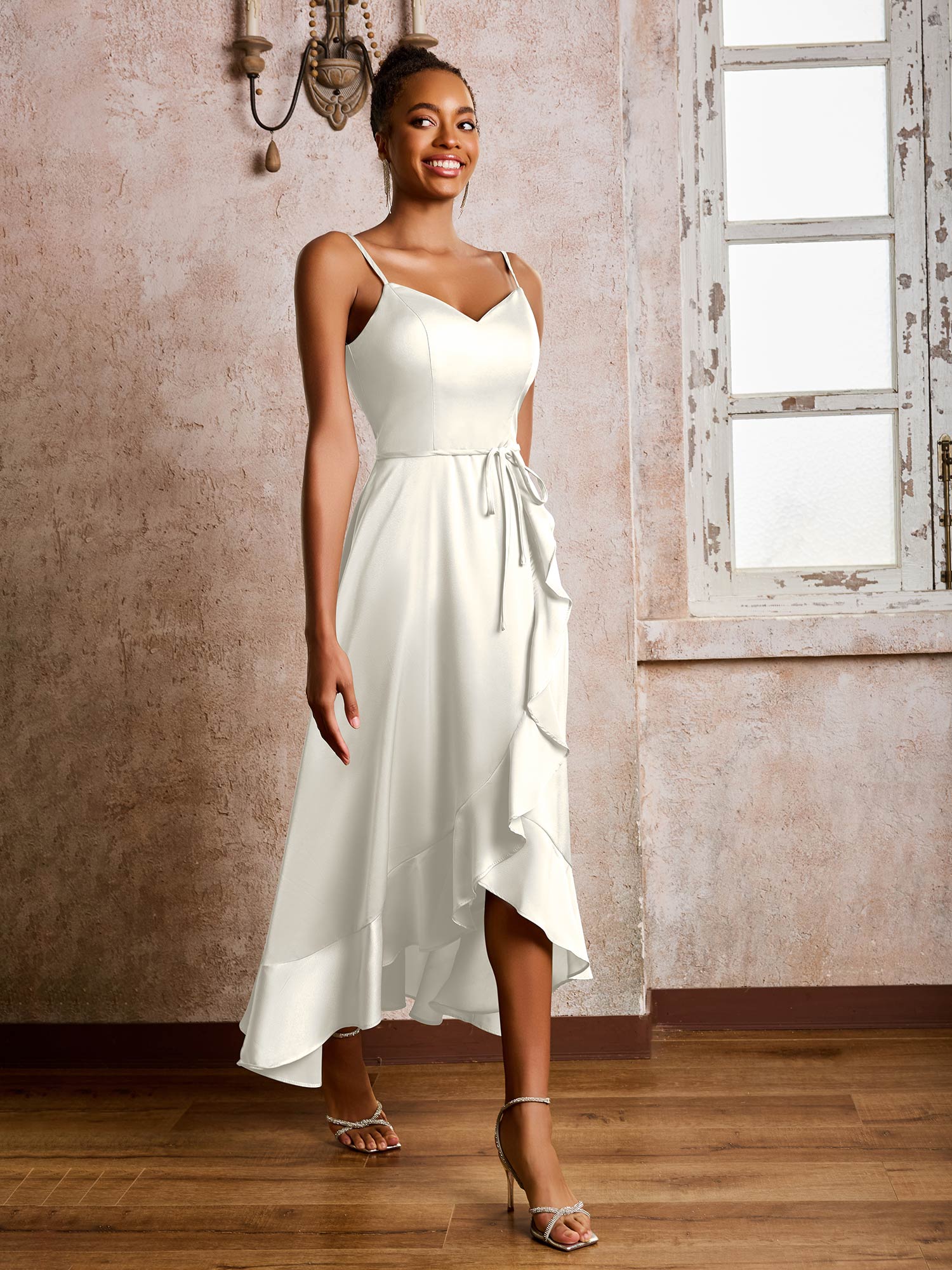 Spaghetti Straps Asymmetrical Soft Satin Dresses Ivory - Image 3